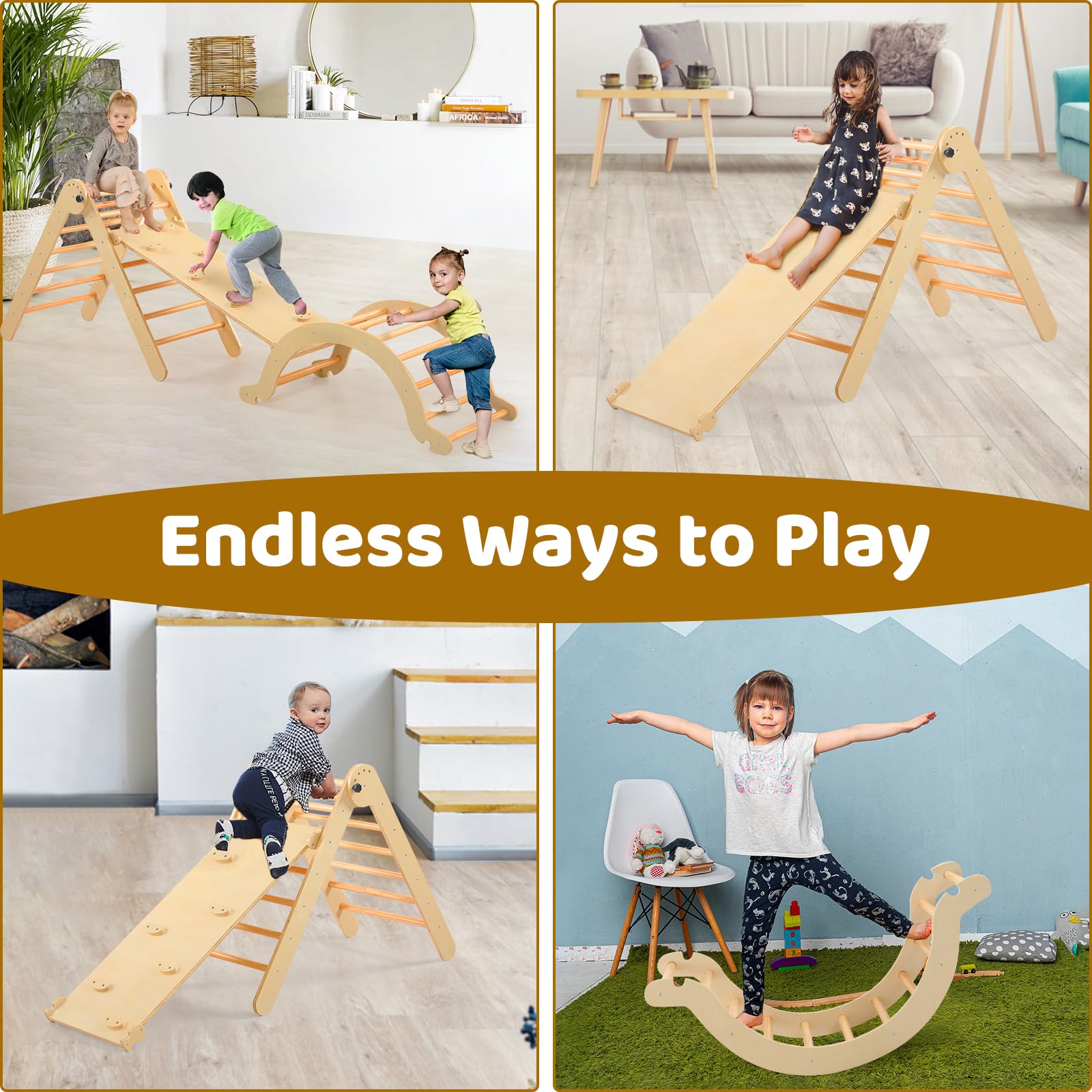 7 in 1 Wooden Pikler Triangle Set for Toddlers - Montessori Foldable Climbing Toys with Arch, Ramp & Triangle | Indoor/Outdoor Play Equipment for Kids' Early Learning & Physical Development | Perfect for Home Playroom, Daycare or Backyard Activities