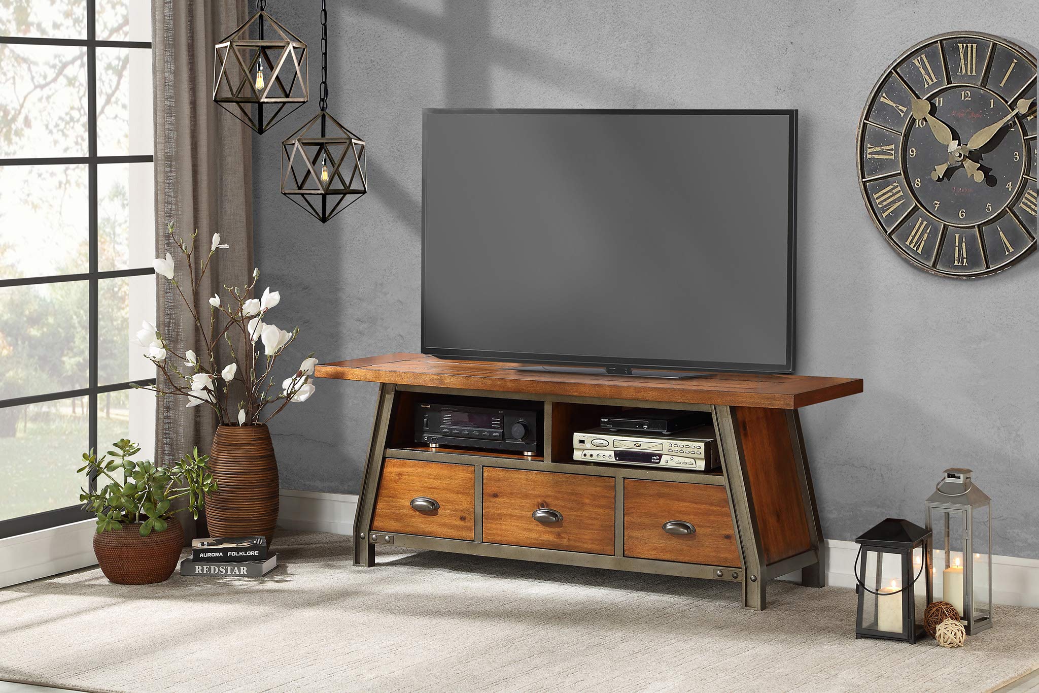 Homelegance 64 Inch TV Stand with Storage Shelf - Rustic Brown Wood Entertainment Center for Living Room, Bedroom & Home Theater