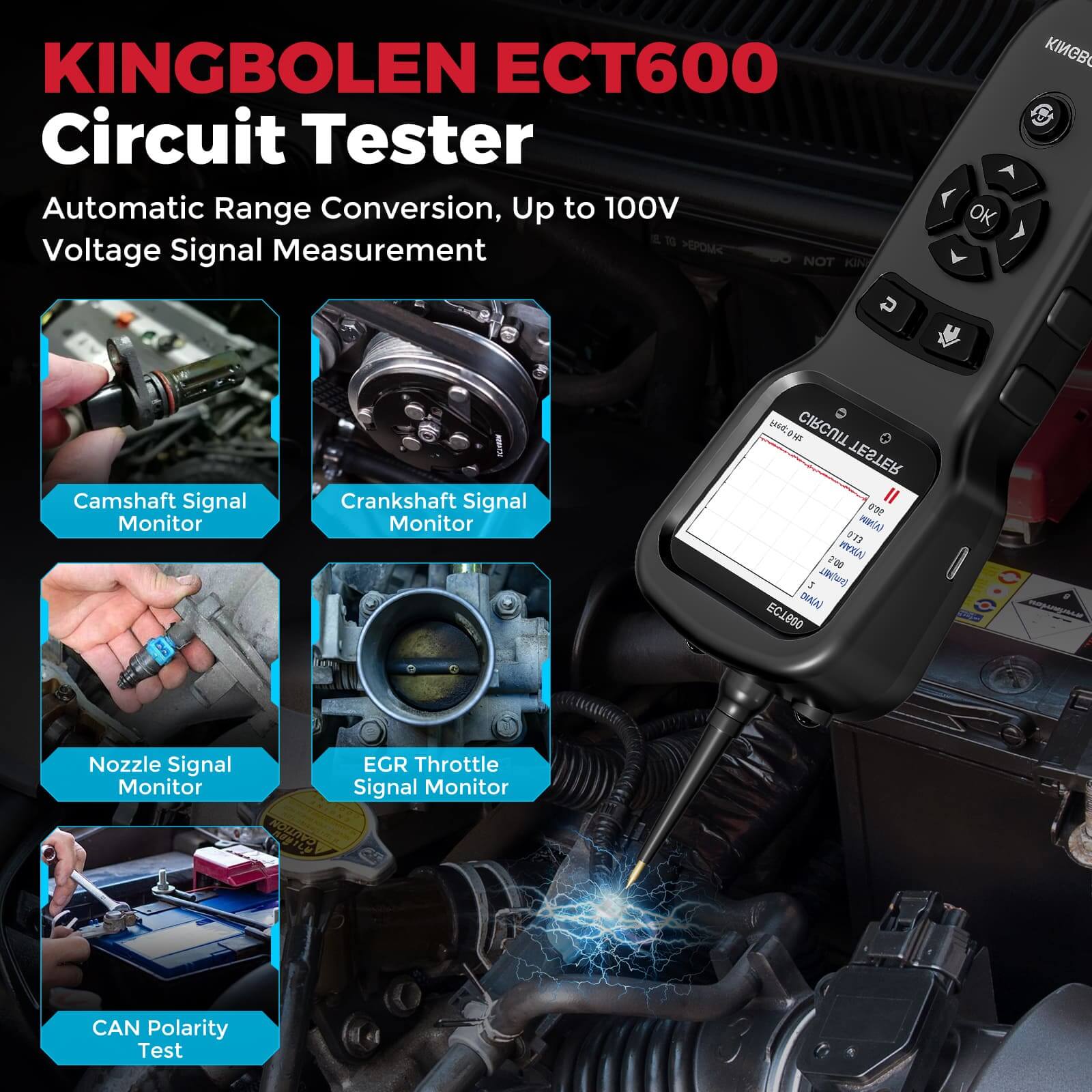 KINGBOLEN ECT600 12V/24V Car Battery Tester - Multi-Function Automotive Battery Analyzer for 0-80V DC with 10m Extension Cord - Perfect for Home, Garage & Roadside Vehicle Maintenance