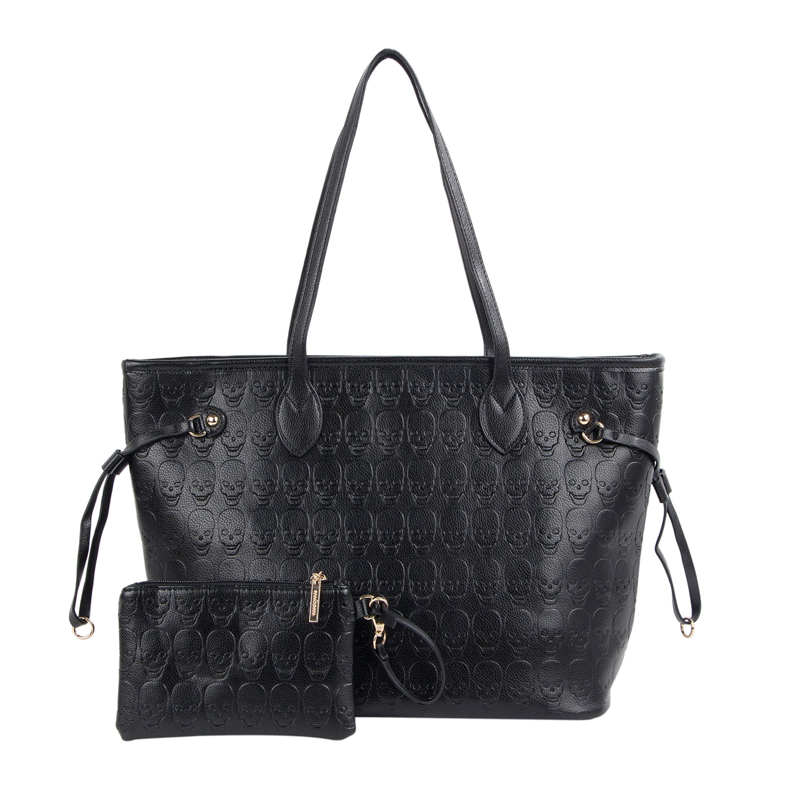 Gothic Women's Skull Print PU Leather Handbag - Top Handle Satchel & Detachable Clutch Purse for Shopping, Parties & Night Out
