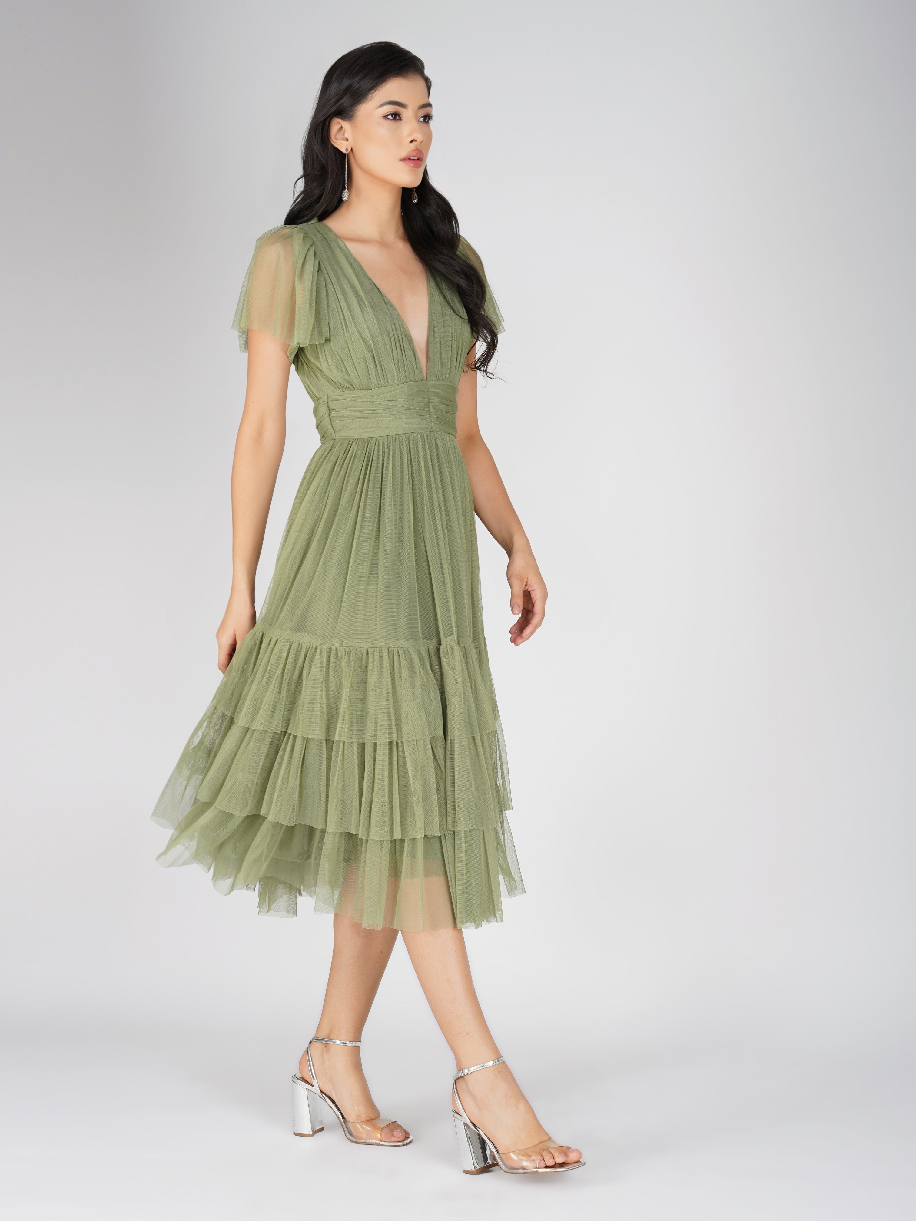 Madison Soft Olive Tulle Bridesmaid Midi Dress - Elegant Wedding Party Gown for Bridesmaids, Formal Occasions & Special Events