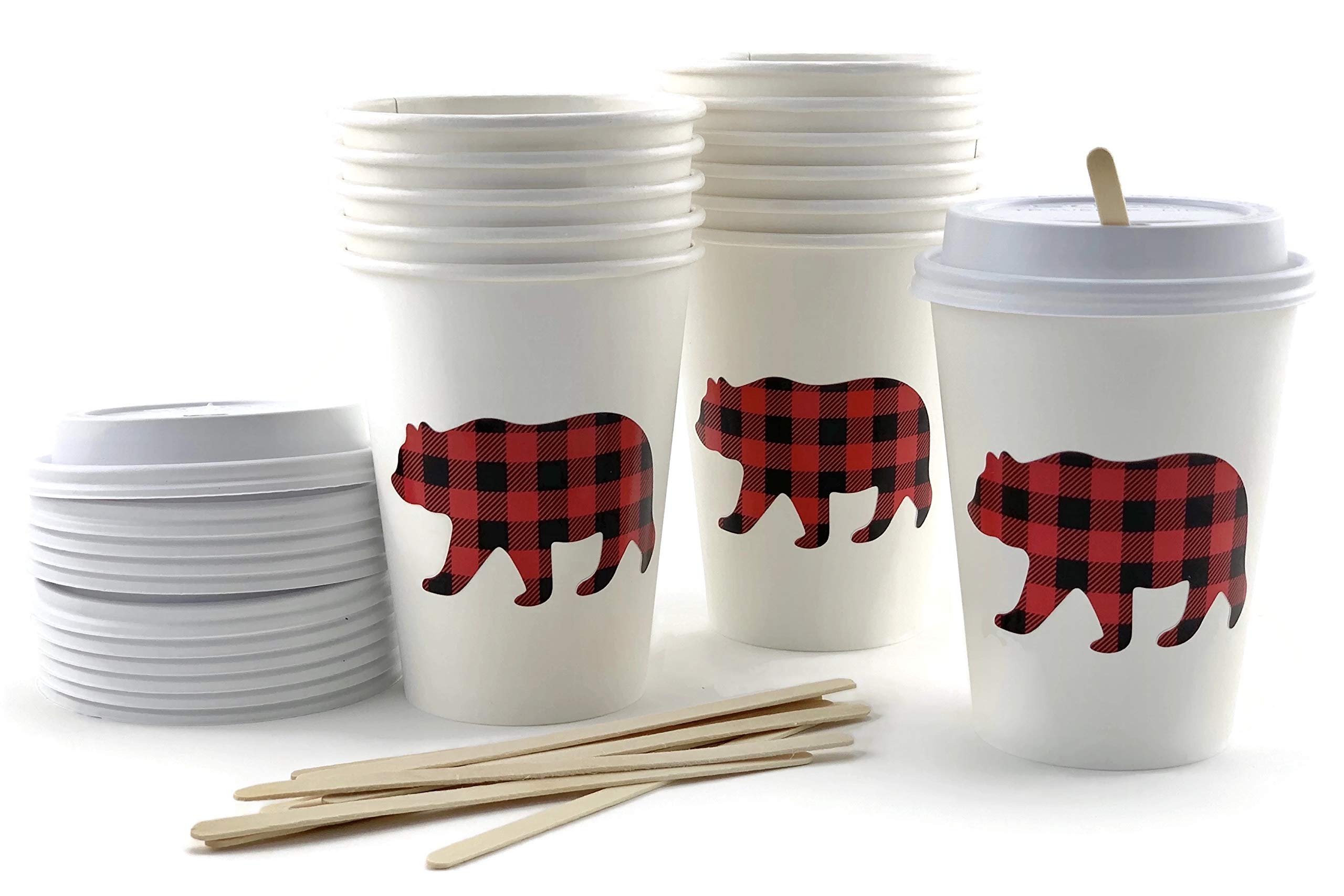 Buffalo Plaid Bear Lumberjack Party Paper Cups with Lids and Stirrers - 12 Pack Disposable Cups for Christmas, Camping, BBQ, and Outdoor Gatherings
