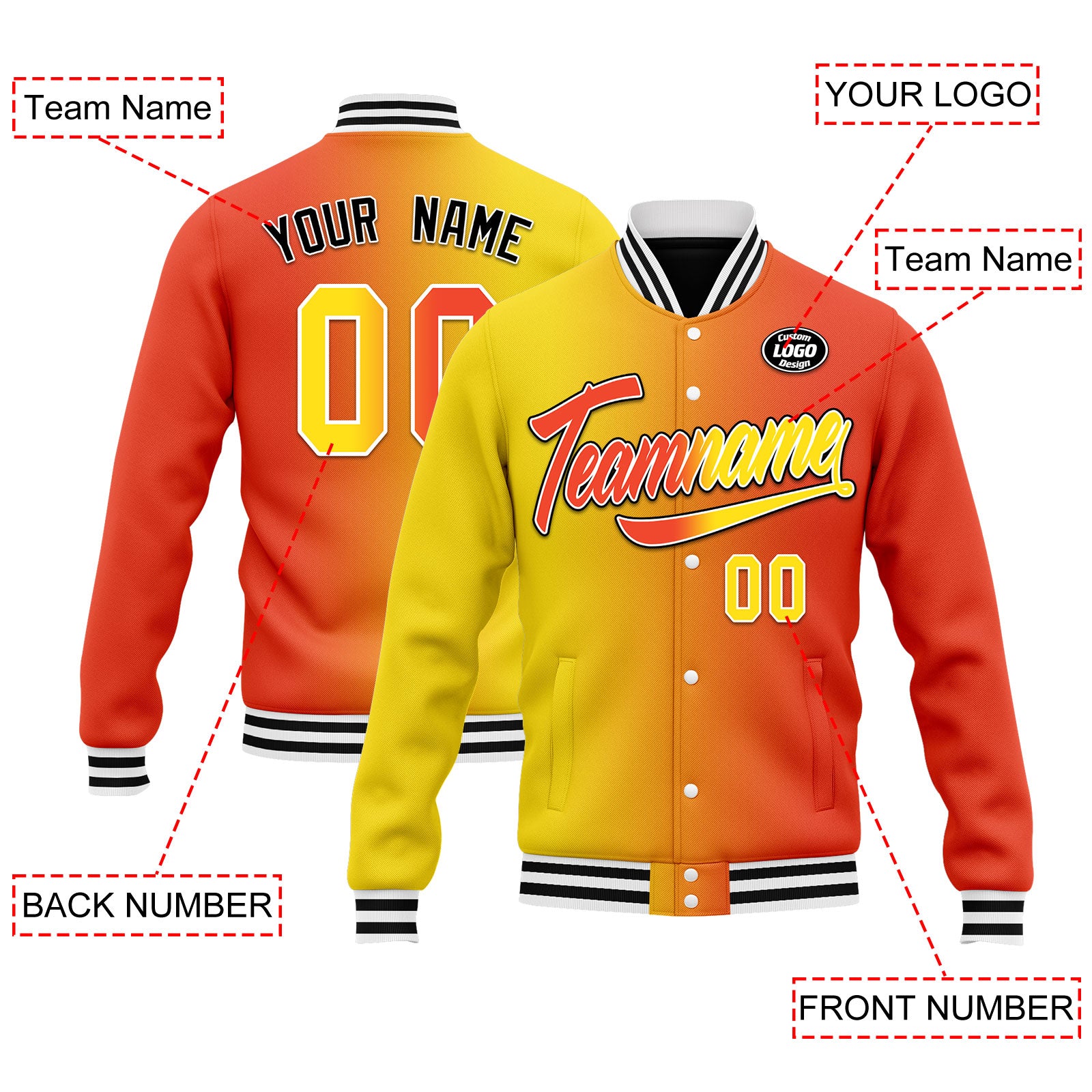 Custom Gradient Fashion Bomber Jacket - Full Snap Varsity Letterman Jacket - Personalized Embroidered Design (FZ005 D028015) - Perfect for School Events, Sports Games & Streetwear Fashion