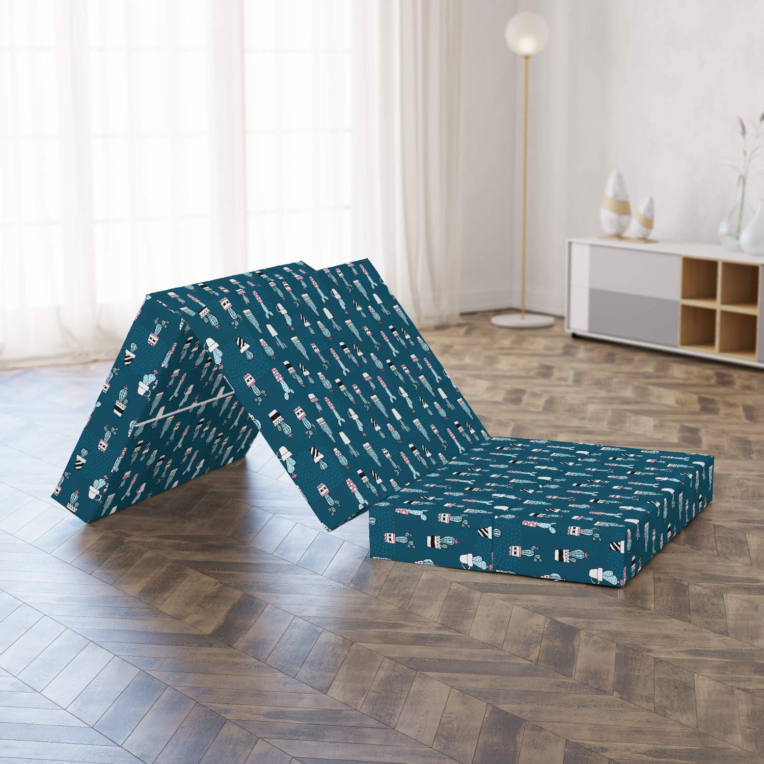 Ambesonne Cactus Foldable Mattress - Funny Succulents in Pots Design, 74.8 x 35.4 Inches, Petrol Blue Multicolor - Perfect for Guest Beds, Dorm Rooms & Camping Trips