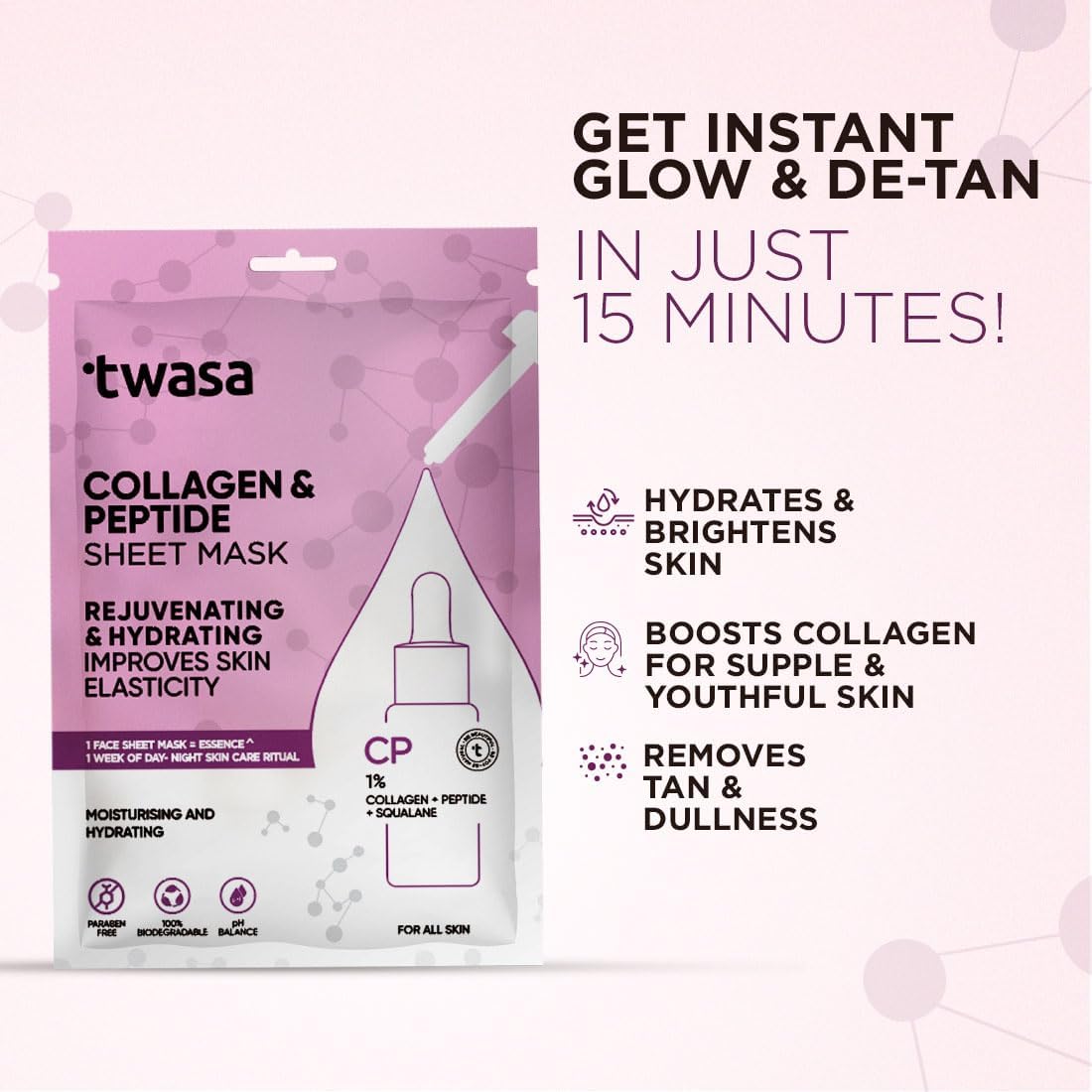 Twa'sa Collagen & Peptide Serum Face Sheet Mask - Korean Skincare for Radiant & Glowing Skin | Hydrating Anti-Aging Facial Mask for Men & Women (20g x 5 Pack) | Perfect for Daily Skincare Routine & Spa Night