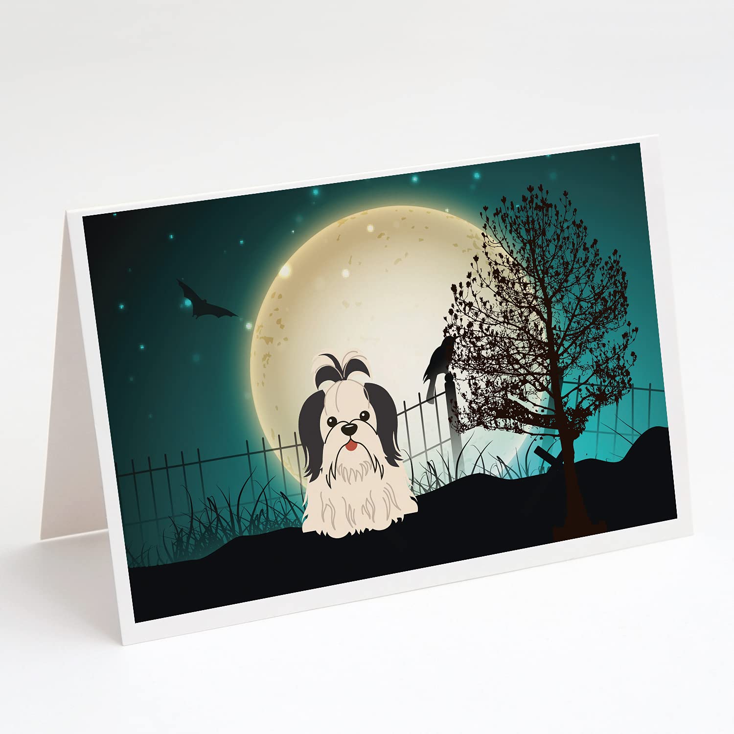 Halloween Shih Tzu Greeting Cards - Pack of 8 Blank A7 Size (5x7) Note Cards with Envelopes - Whimsical Black & White Dog Design - Perfect for Halloween Parties, Spooky Greetings & Gift Giving