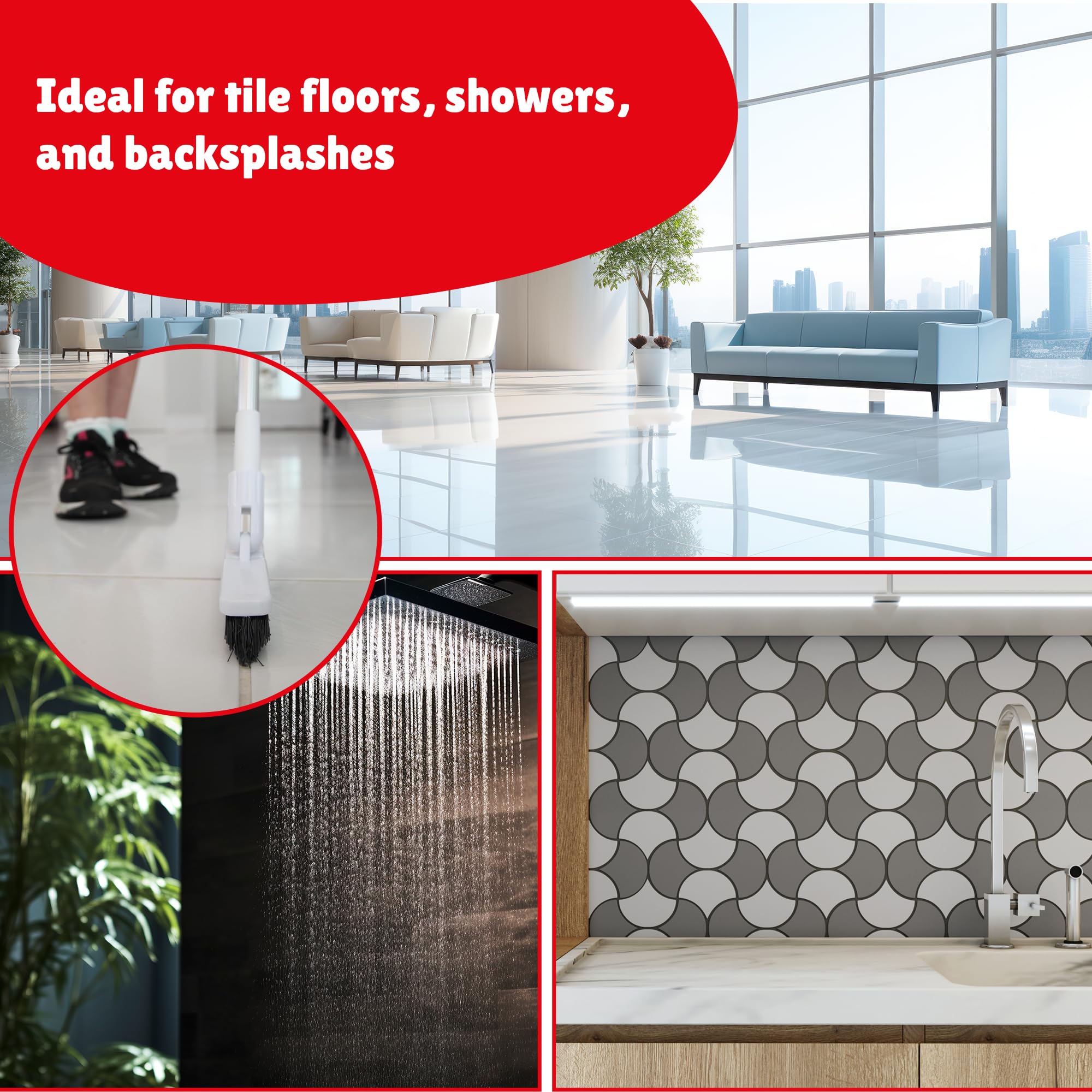Heavy Duty Grout Scrub Brush with Long Handle - Stiff Bristles Tile & Shower Floor Cleaner - Bathroom Grout Cleaning Brush for Tile Floors, Shower Corners, Kitchen Backsplash - Perfect for Deep Cleaning Grout Lines and Hard-to-Reach Areas