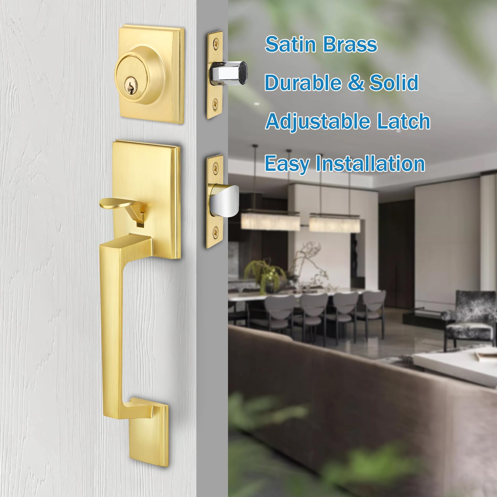Heavy Duty Square Front Door Handle Set with Single Cylinder Deadbolt - Satin Brass Finish | Secure Entry Door Lock for Home, Apartment & Office