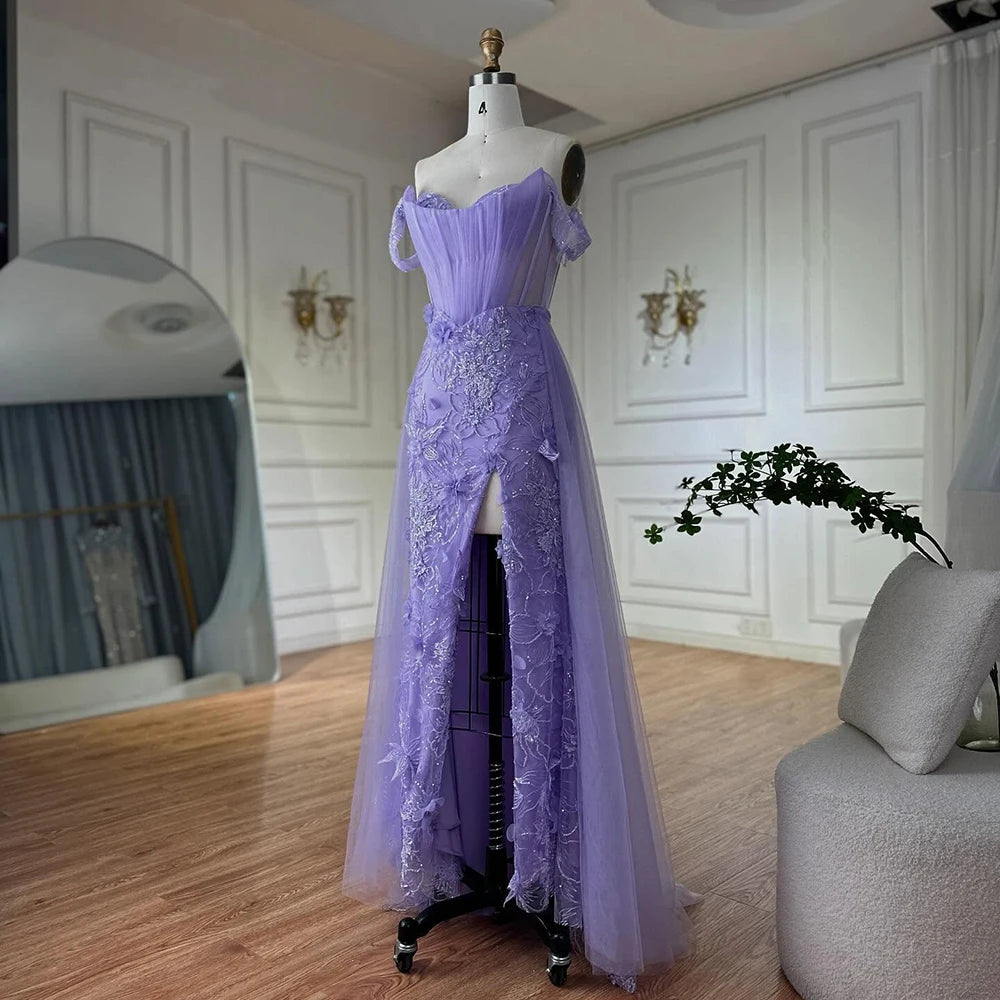 Luxury Dubai Lilac Off Shoulder Corset Beaded High Slit Tulle Saudi Evening Gown - Elegant Formal Dress for Weddings, Galas & Special Occasions LA72874