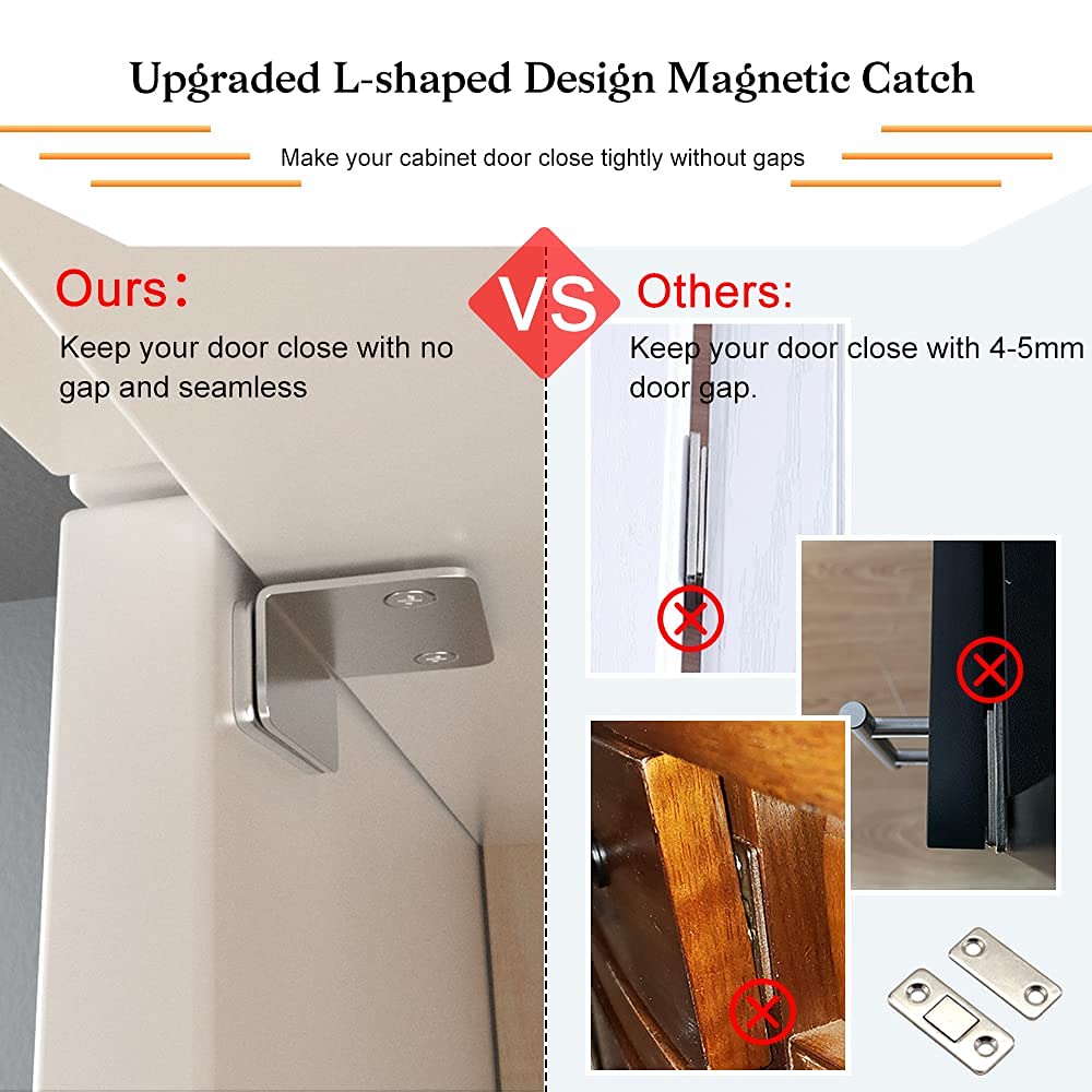 4 Pack L-Shaped Cabinet Magnetic Catch + 6 Pack Ultra Thin Magnet Cabinet Door Catch - Strong Drawer Magnets with Adhesive for Kitchen Cabinets, Closets & Furniture (Secure Door Closures & Organization)