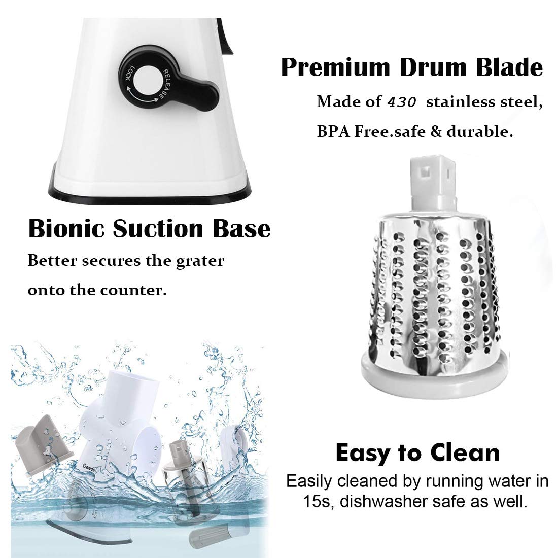 3-in-1 Rotary Cheese Grater & Vegetable Slicer Set with Interchangeable Blades - Stainless Steel Mandoline Slicer for Cheese, Nuts, Vegetables - Includes Free Peeler (White) - Perfect for Kitchen, Salad Prep & Party Platters