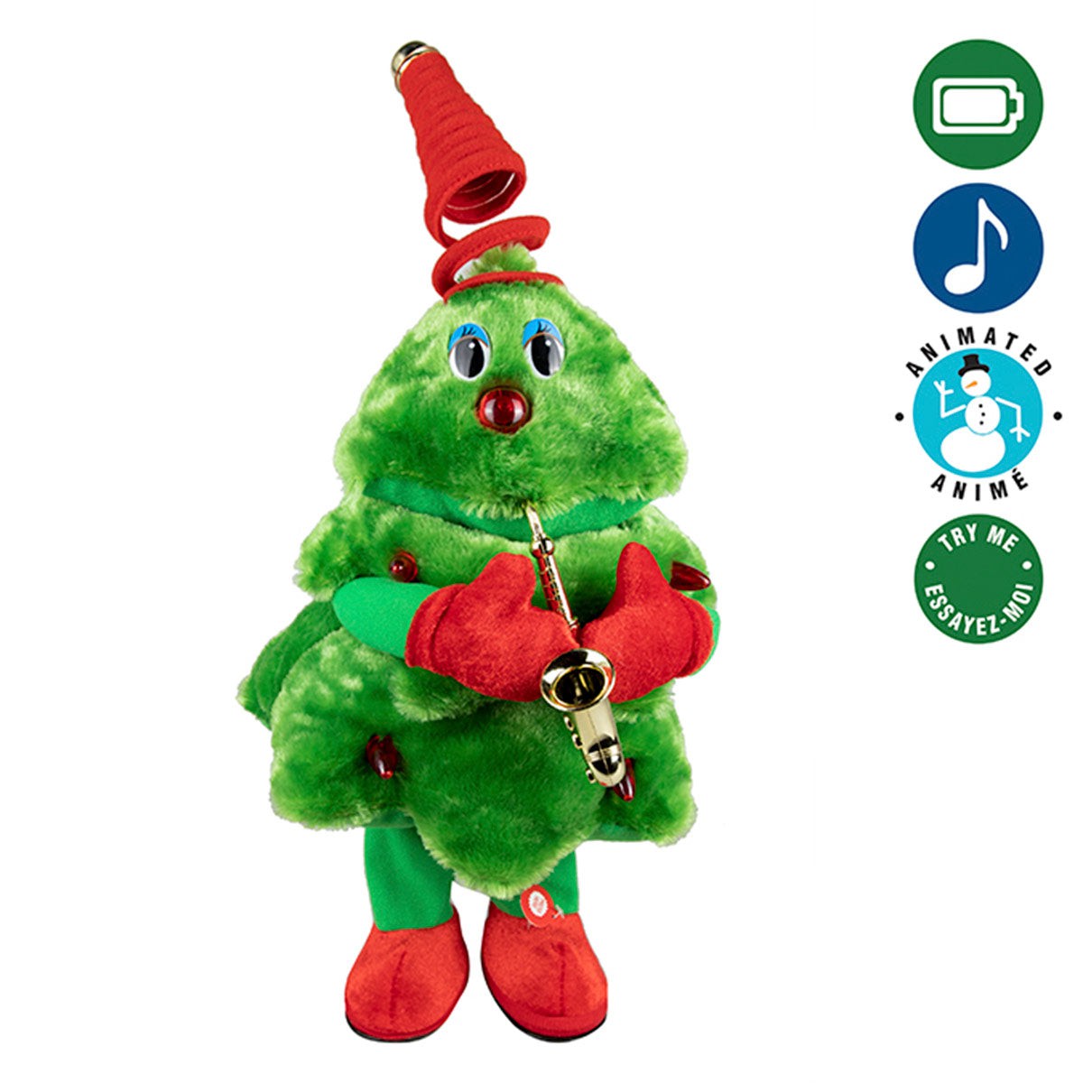 12-Inch Animated Plush Tree Playing Saxophone - Musical Stuffed Animal Toy for Kids, Christmas Decor & Gift Idea