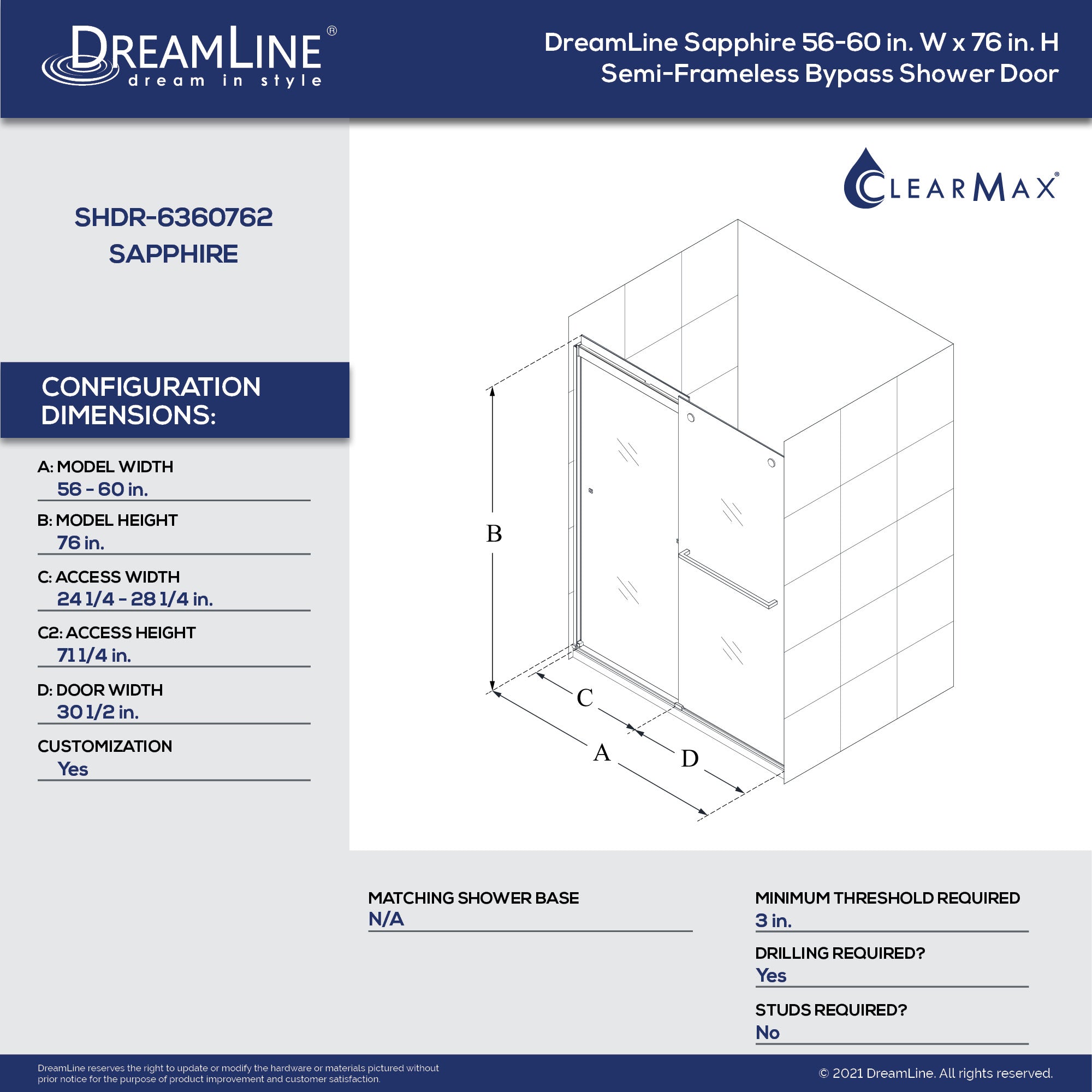 DreamLine Sapphire 56-60 Inch W x 76 Inch H Semi-Frameless Bypass Shower Door - Perfect for Modern Bathroom Renovations & Space-Saving Designs