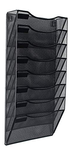 Wall Mounted Metal Mesh File Organizer - 8-Section Hanging Document & Magazine Holder with Hooks - Multipurpose Office & Home Storage Rack for Files, Magazines, Mail, and Office Supplies