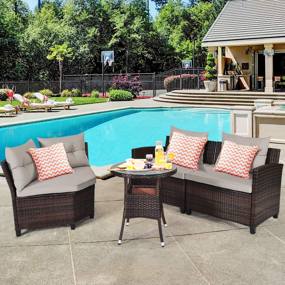 HappyGrill 4-Piece Curved Outdoor Sofa Set - Rattan Wicker Patio Furniture with Coffee Table & Cushions - Modern Conversation Set for Garden, Poolside, Balcony | Perfect for Backyard Relaxation & Outdoor Entertaining