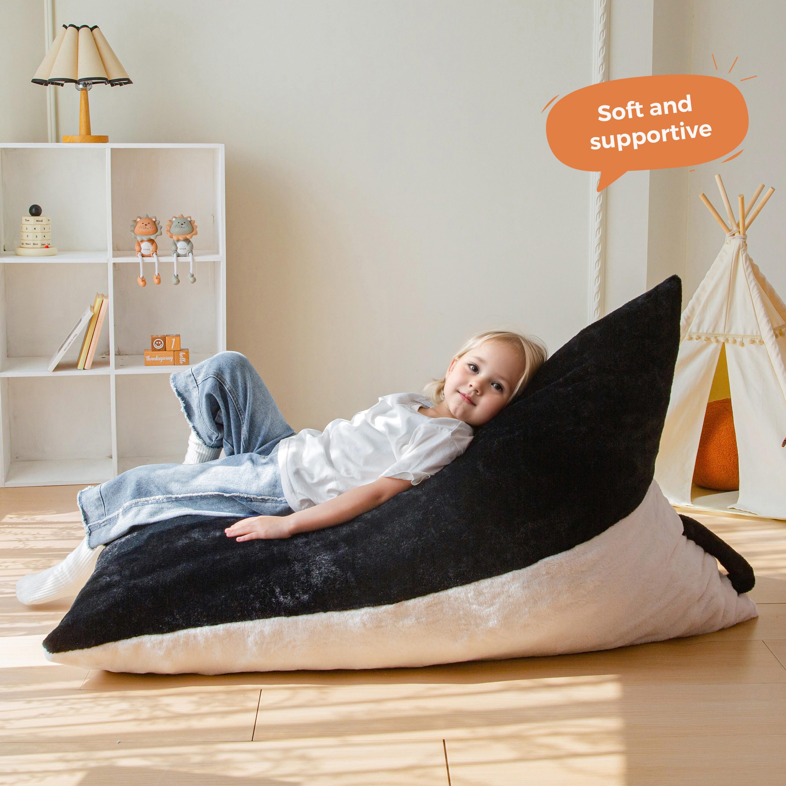 MAXYOYO Kids Bean Bag Chair with 2-Tone Handle - High Density Foam Floor Lounger in Black & White - Perfect for Kids' Room, Playroom & Reading Nook