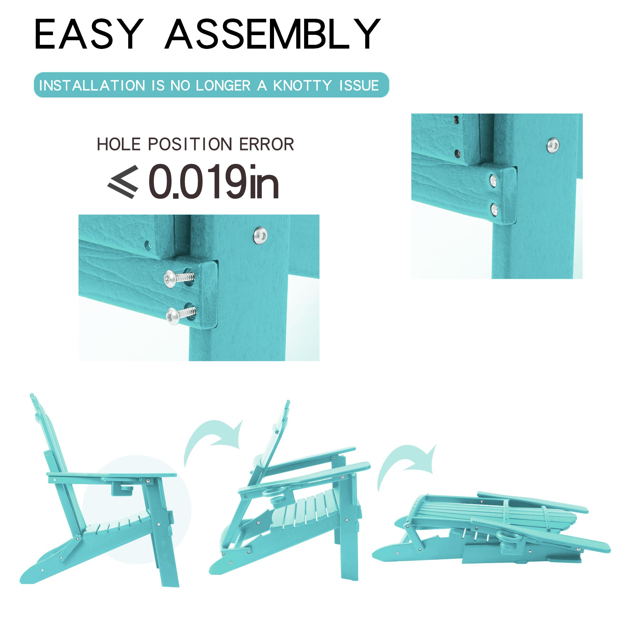 Folding Adirondack Chair with Cup Holder - Heavy Duty All-Weather HDPE, Wooden Textured, SGS Tested for Outdoor Comfort (Aruba Blue) - Perfect for Patio, Garden, Poolside & Backyard Relaxation