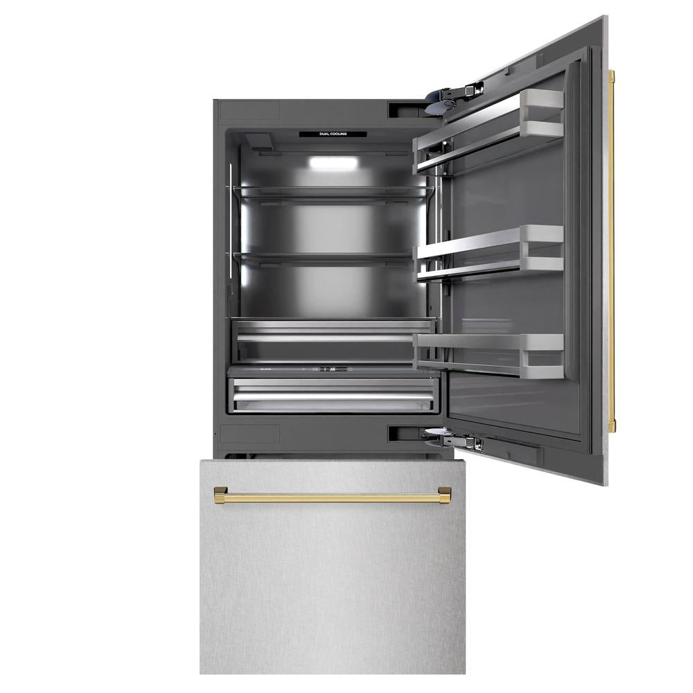 ZLINE Autograph Edition 36 Inch Built-In Bottom Freezer Refrigerator - 19.8 cu.ft Capacity, Water Dispenser & Ice Maker - Satin Stainless Steel Exterior with Graphite Gray Interior & Polished Gold Accents (GRBITZ SN 36 G) - Perfect for Modern Kitchens & Luxury Homes