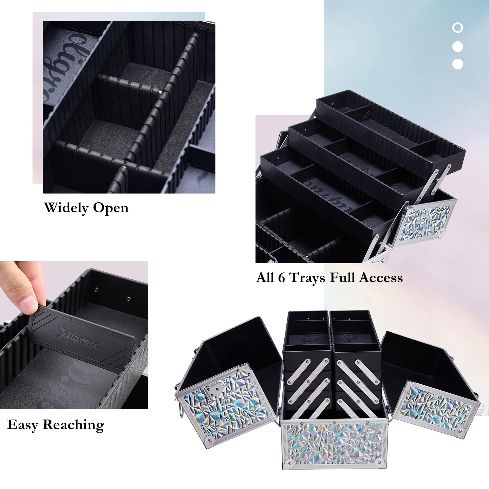 Professional Makeup Train Case with 6 Trays & Lock - Large Cosmetic Organizer Box for Artists & Stylists | Adjustable Dividers, Carrying Strap | Silver Holographic Iridescent Style | Perfect for Salon, Travel & On-Site Makeup Services