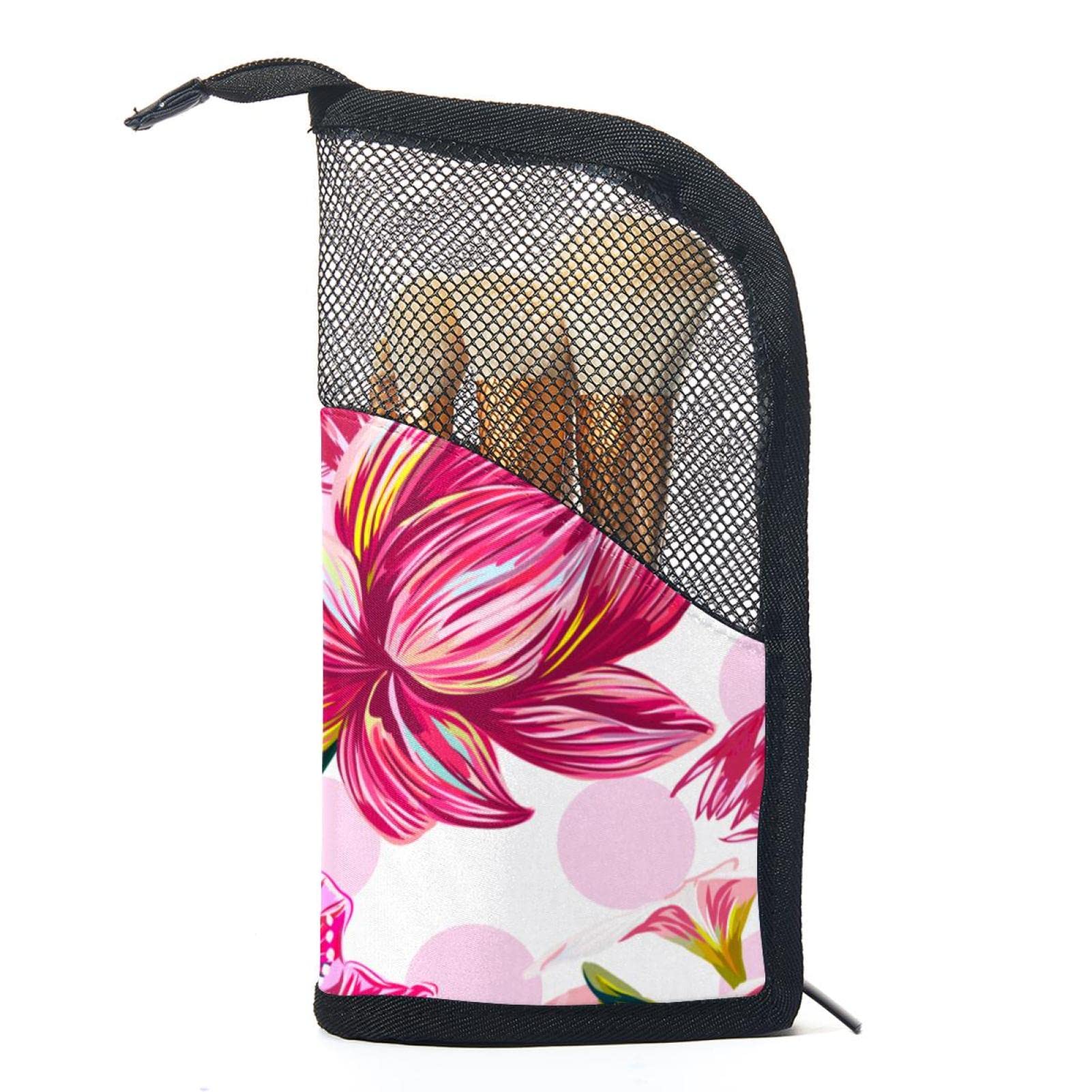 12-Piece Makeup Brush Organizer Bag with Pink Flamingo & Tropical Flower Design - Portable Cosmetic Brush Holder Case for Travel, Home & Professional Makeup Artists