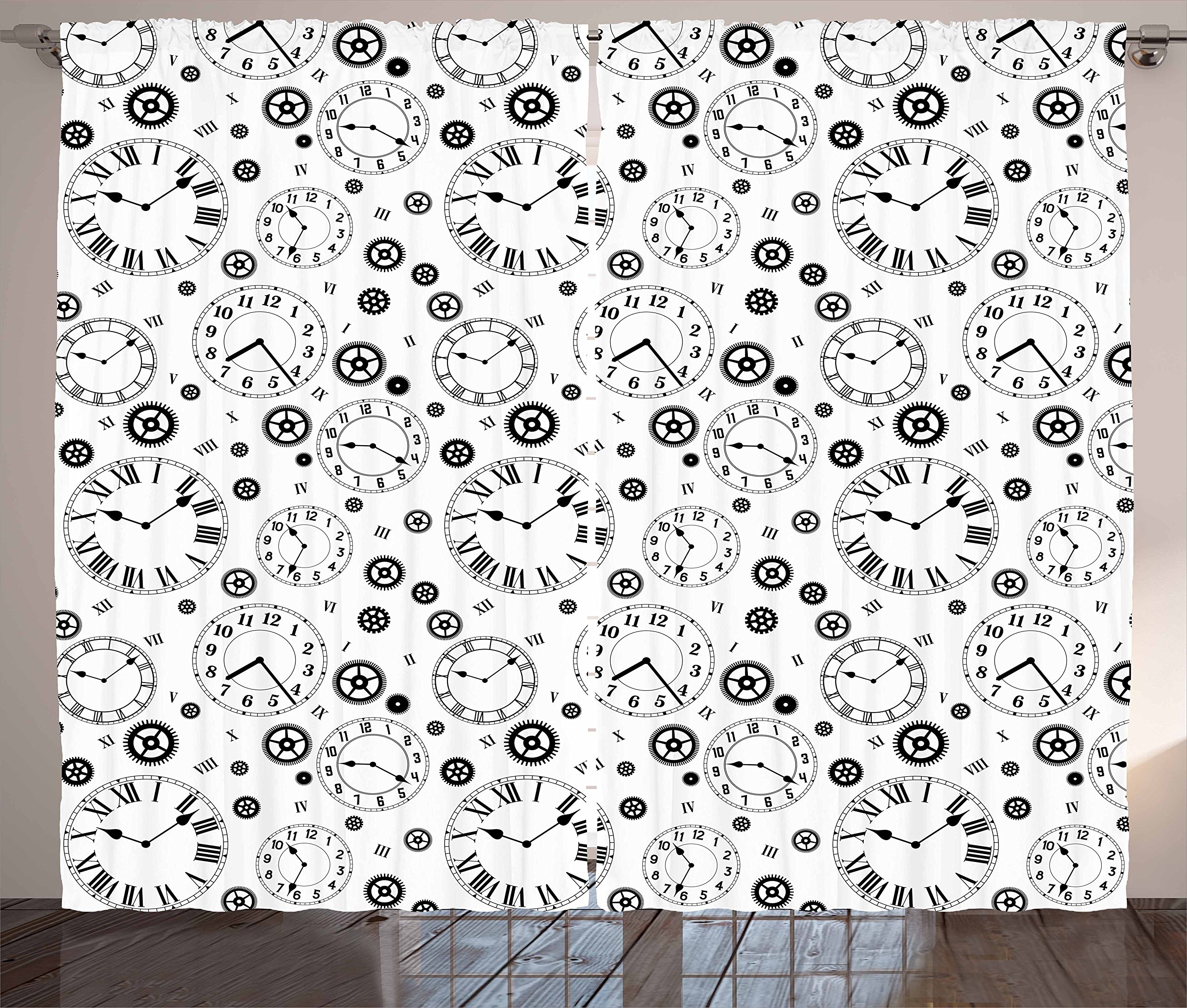Ambesonne Clockwork Theme Black & White Curtains - Roman Numeral Gears Design Window Drapes, 2 Panel Set (108