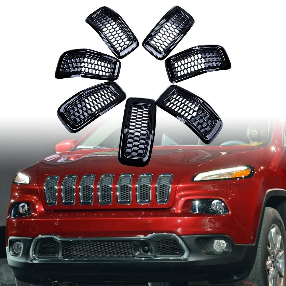 **Astra Depot 7-Piece Black Honeycomb Mesh Front Grill Grille Inserts Cover for 2014-2018 Jeep Cherokee with Retro Gray Trim – Upgrade Your Off-Road Style**    *(Use Case: Perfect for Jeep Cherokee owners looking to enhance their vehicle's front grille with a sleek, durable, and stylish upgrade for off-road adventures or urban driving.)*