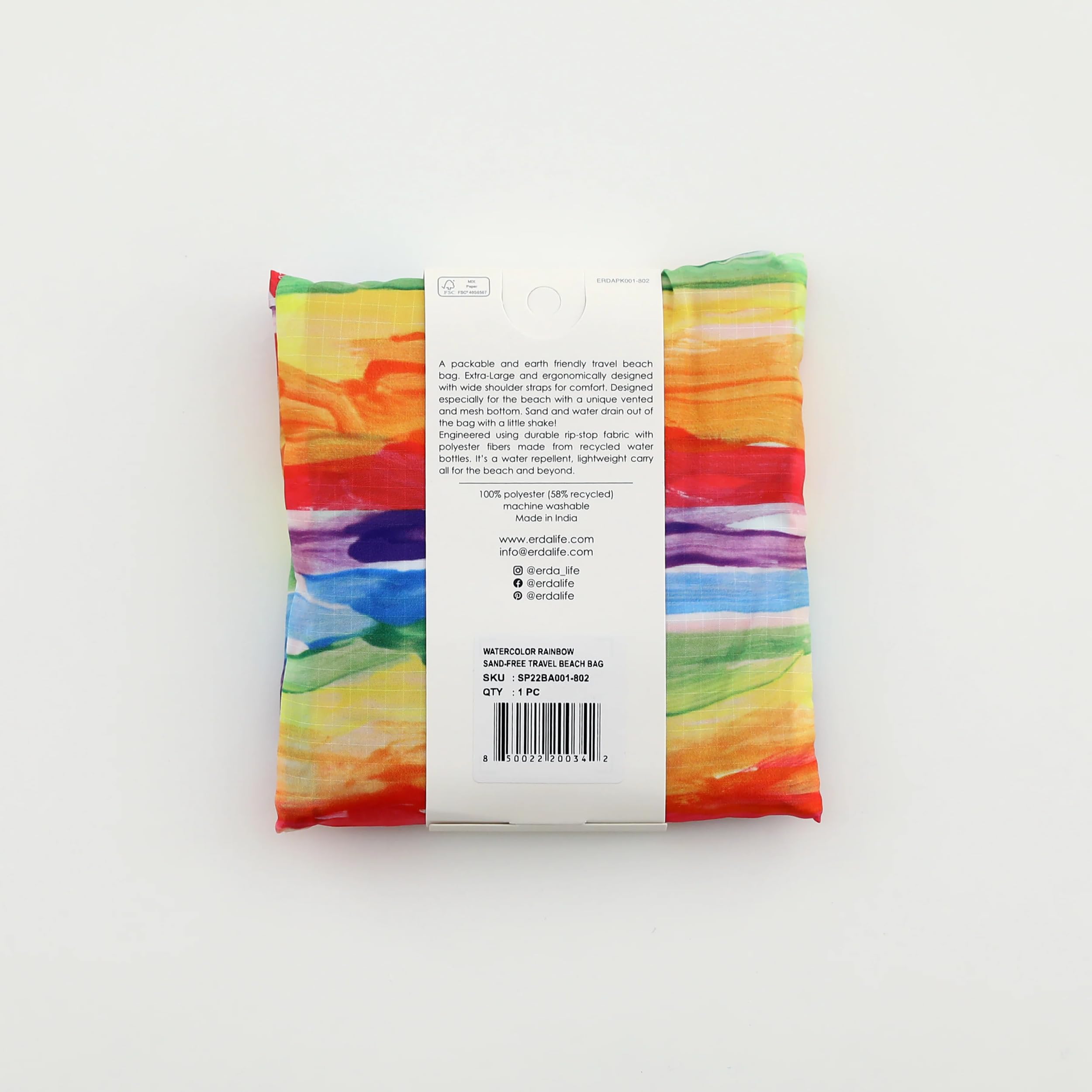Eco-Friendly Sand-Free Beach Bag Made from Recycled Plastic Bottles - Watercolor Rainbow Print for Travel, Swimming, and Outdoor Adventures