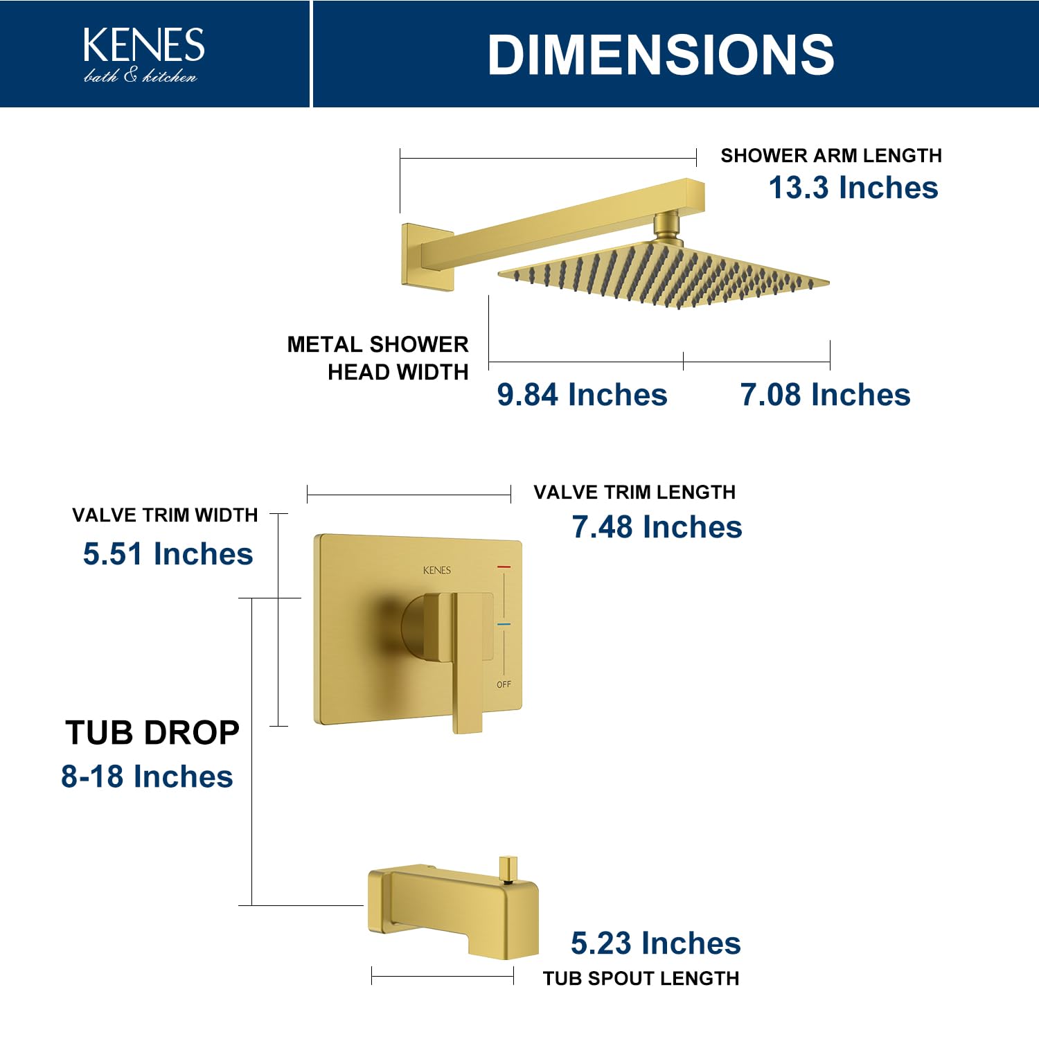 Premium Brushed Gold Shower Faucet Set - Modern Square Tub & Shower Trim Kit with Single-Spray Shower Head & Included Valve (KE-6024A-4) | Perfect for Bathroom Renovation & Luxury Spa Experience