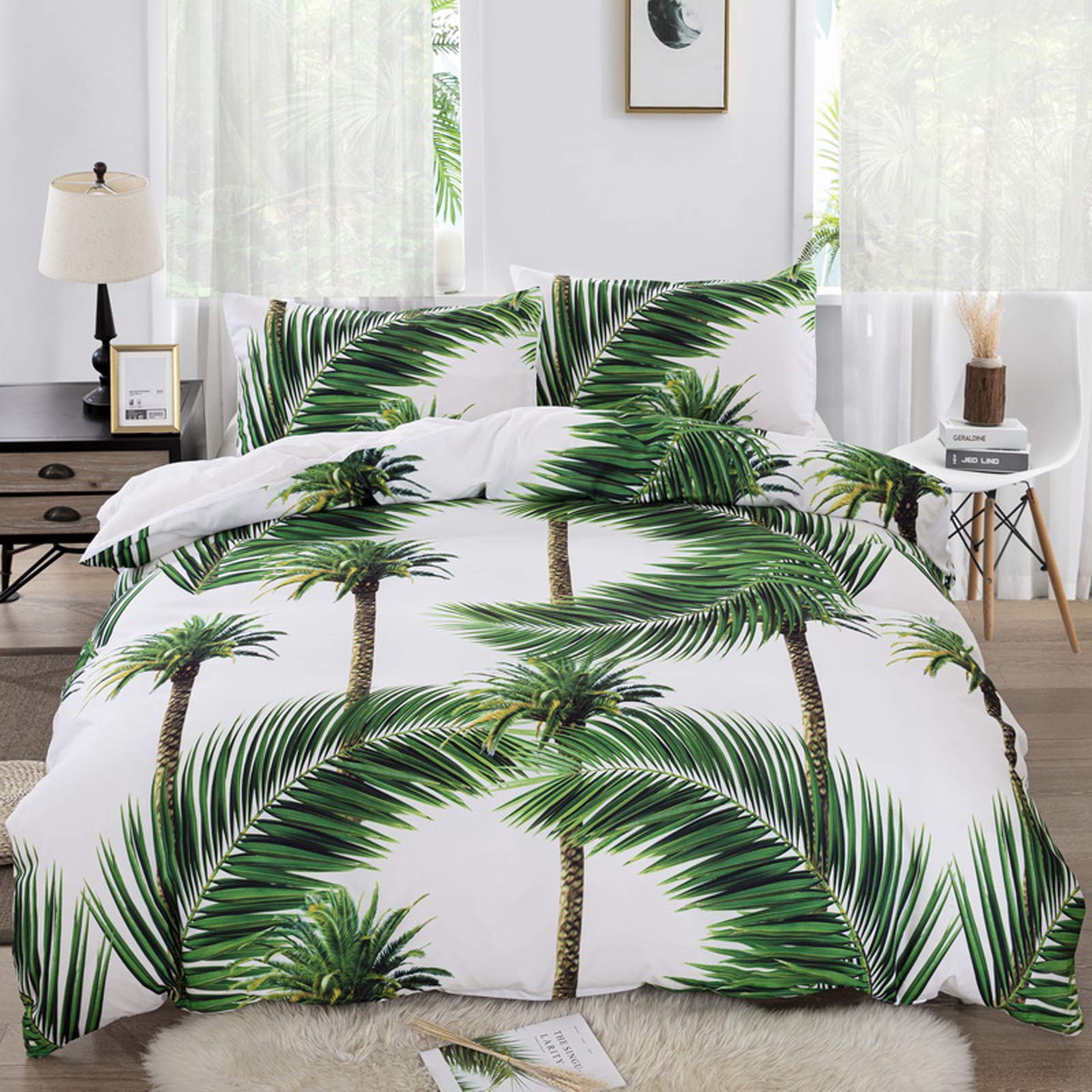 Exotic Tropical Rainforest Green Botanical Duvet Cover Set with Palm Tree Leaves Design - Twin Size White Bedding Quilt & Pillowcases for Jungle-Themed Bedroom Decor | Perfect for Nature Lovers, Boho Chic & Tropical Home Styling