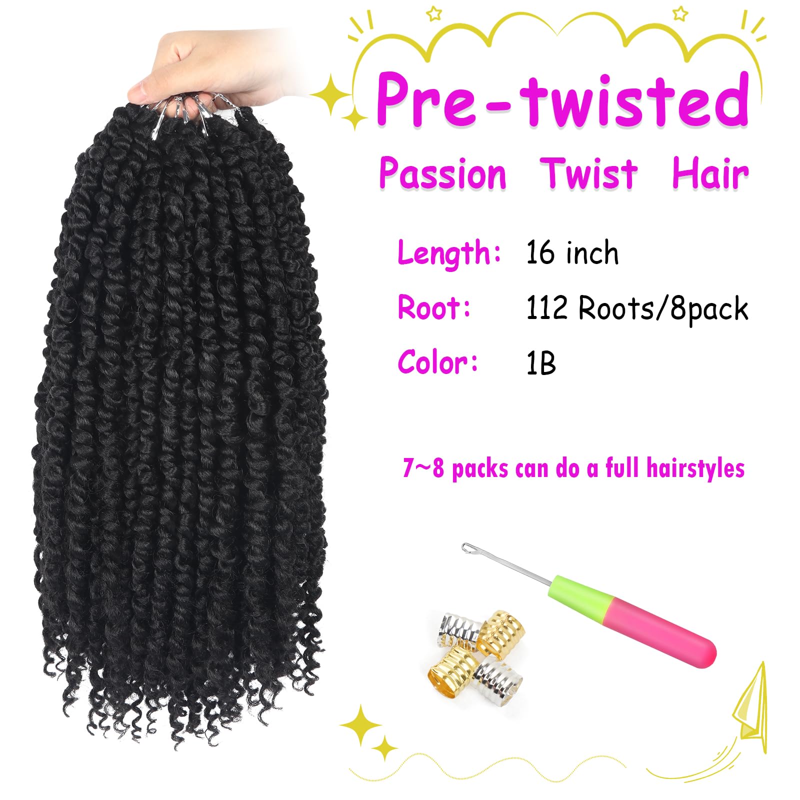 Boho Passion Twist Crochet Hair - 16 Inch Pre-Twisted Crochet Braids (8 Packs) - Soft Pre-Looped Synthetic Hair Extensions for Women, Girls & Kids - Natural Black 1B Color - Perfect for Protective Styles, Summer Looks & Everyday Wear