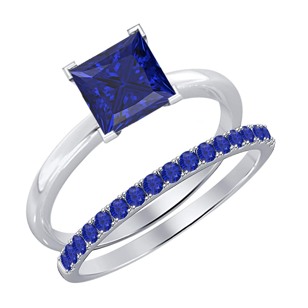 3.65 Carat Princess Cut Blue Sapphire Solitaire Engagement Ring & Wedding Band Set for Women - 14k Gold Plated .925 Sterling Silver - Perfect for Proposals, Anniversaries & Bridal Jewelry
