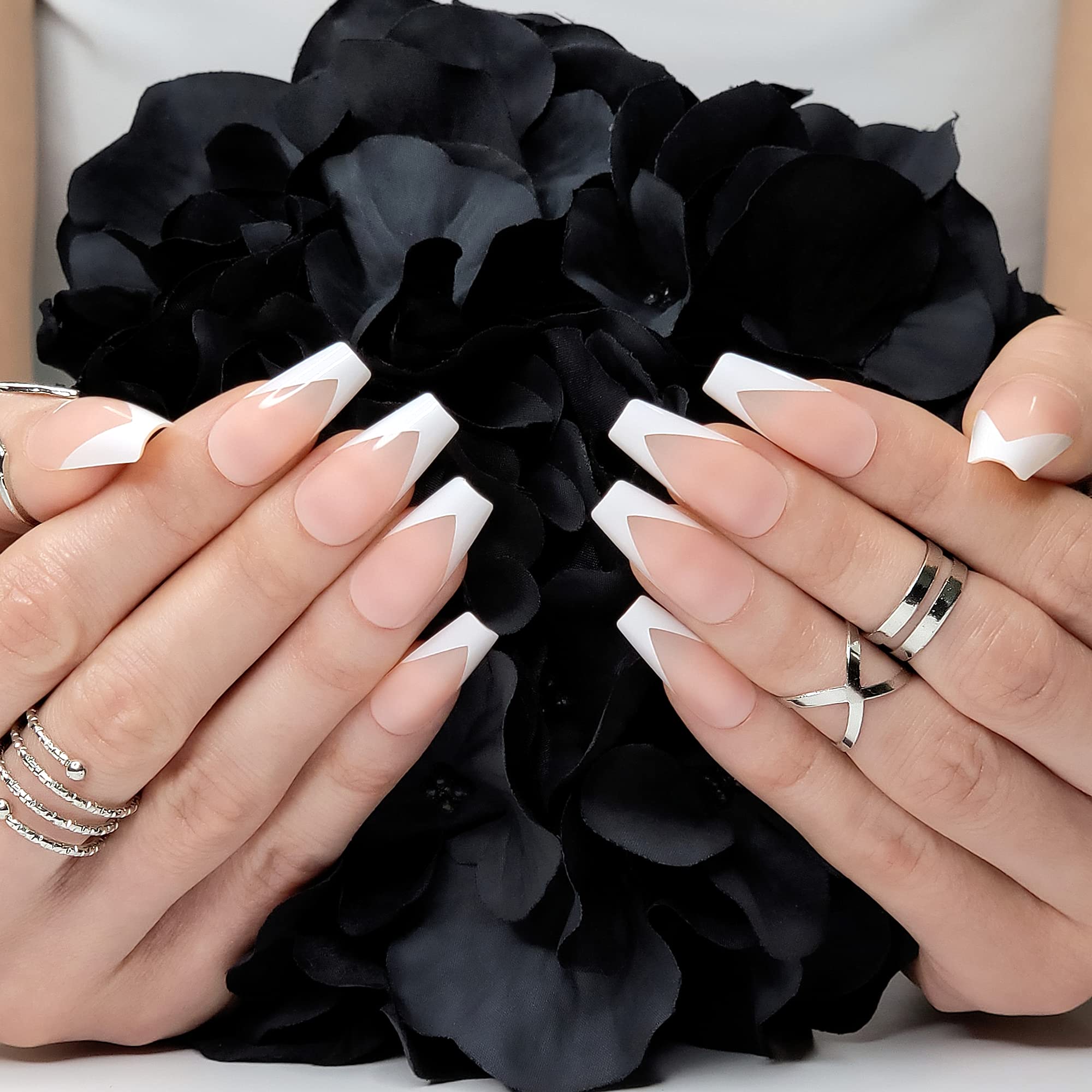 Hypnaughty 24 Pcs Modern White French Coffin Press On Nails - Medium Long Fake Nails with Glue, Nude Base & White French Tips - Perfect for Parties, Weddings & Everyday Wear