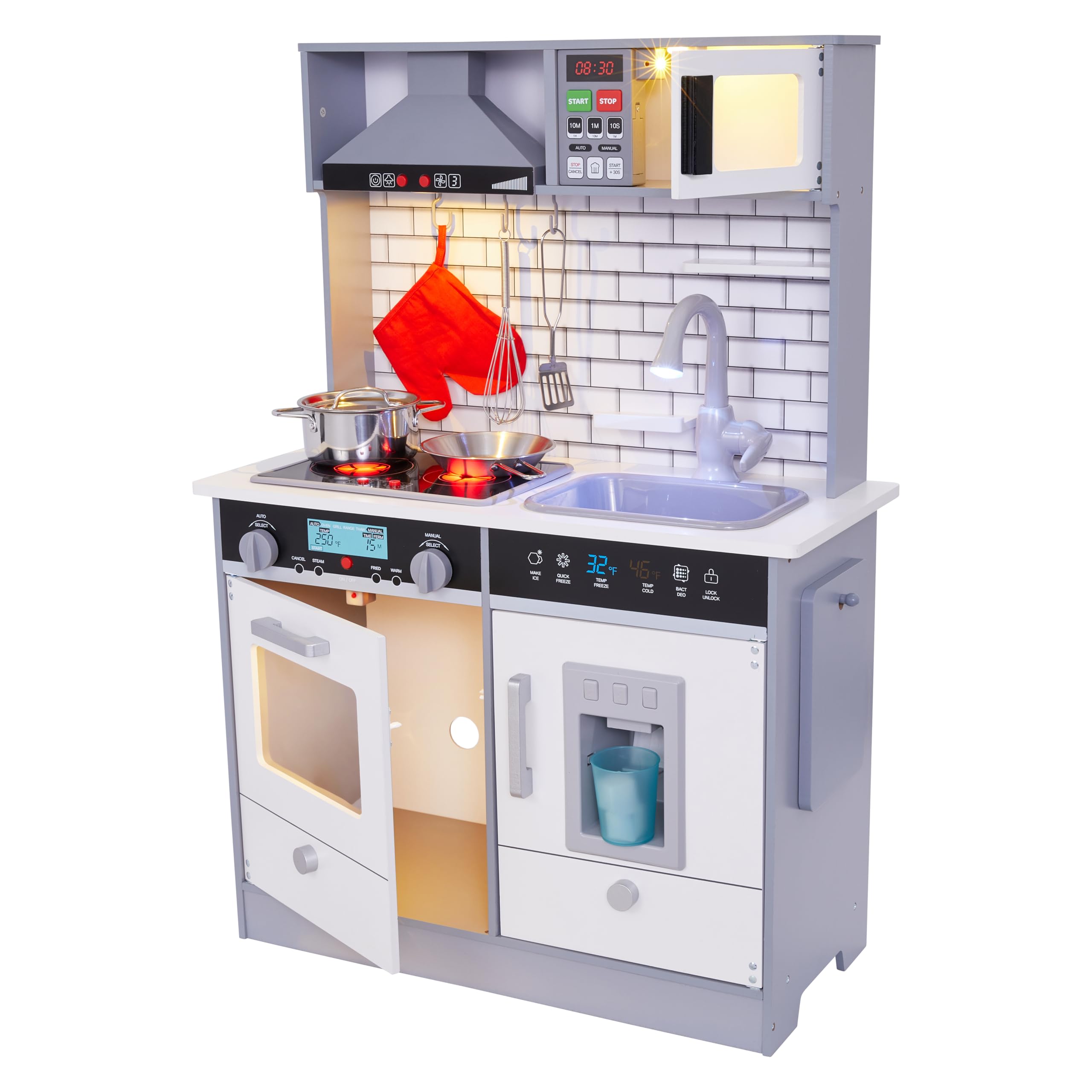 Lil' Jumbl Kids Wooden Play Kitchen Set with Realistic Sound & Light - Includes Range Hood, Microwave, Stove, Oven, Pots, Pans, Cutting Board & Utensils - Perfect for Pretend Play & Early Childhood Development