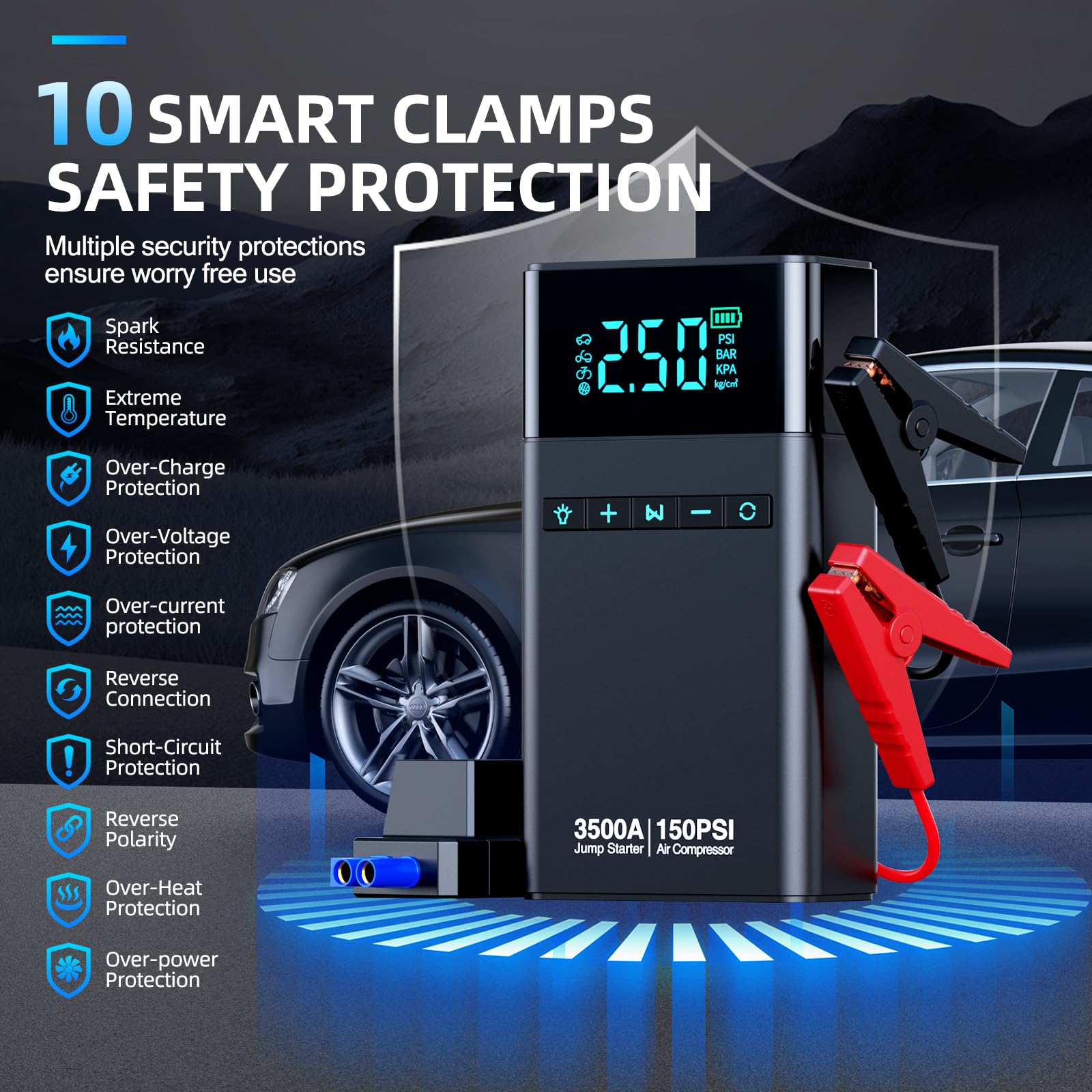 3500A 150PSI Car Battery Jump Starter with Air Compressor - Portable Power Pack for All Gas & 10L Diesel Vehicles - Emergency Jump Box with LCD Display & LED Light - Perfect for Roadside Emergencies & Camping Power Needs