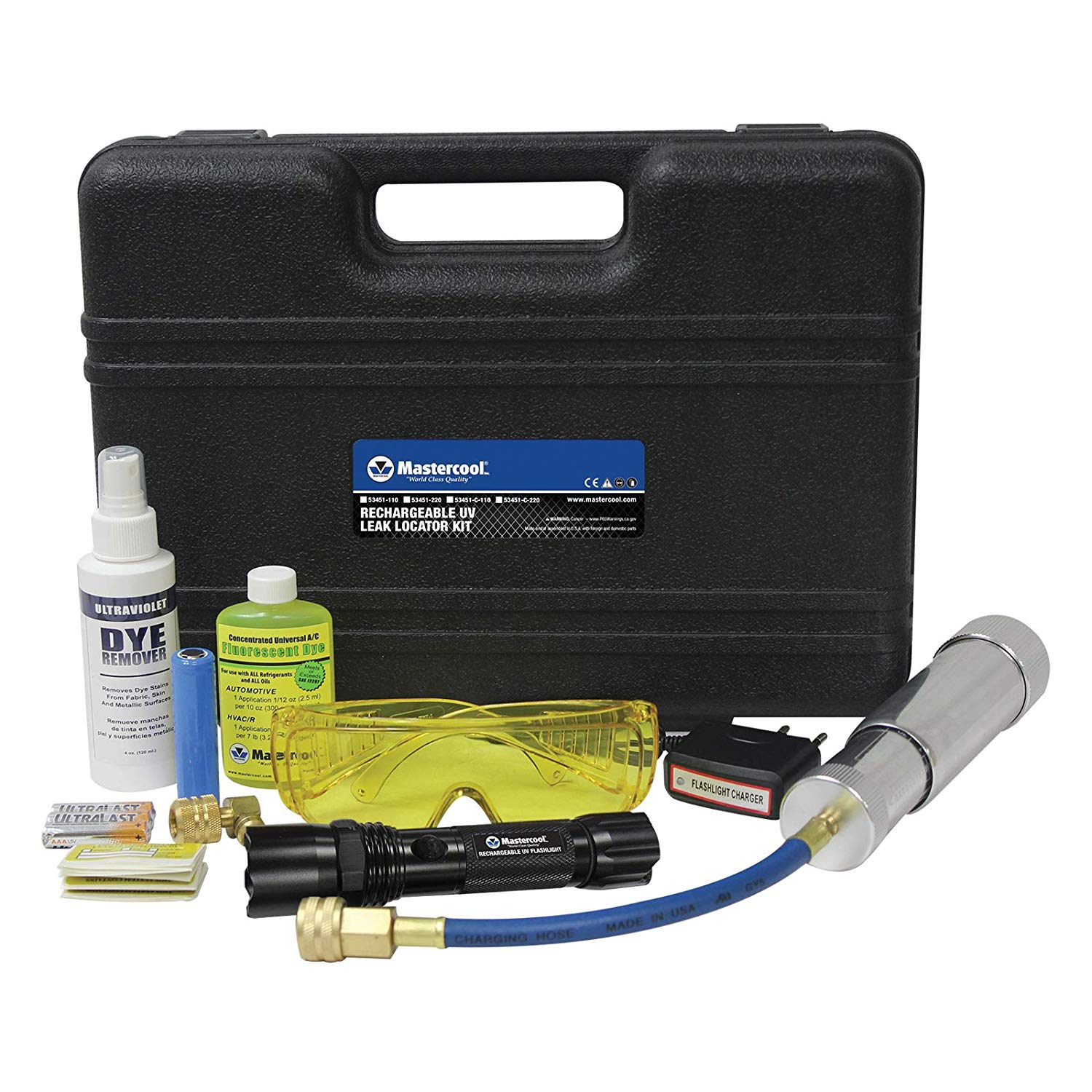 Mastercool 53451 UV Rechargeable Flashlight Dye Kit - 110V Leak Detection for HVAC & Automotive Systems | Perfect for AC Repair & Refrigerant Leak Testing