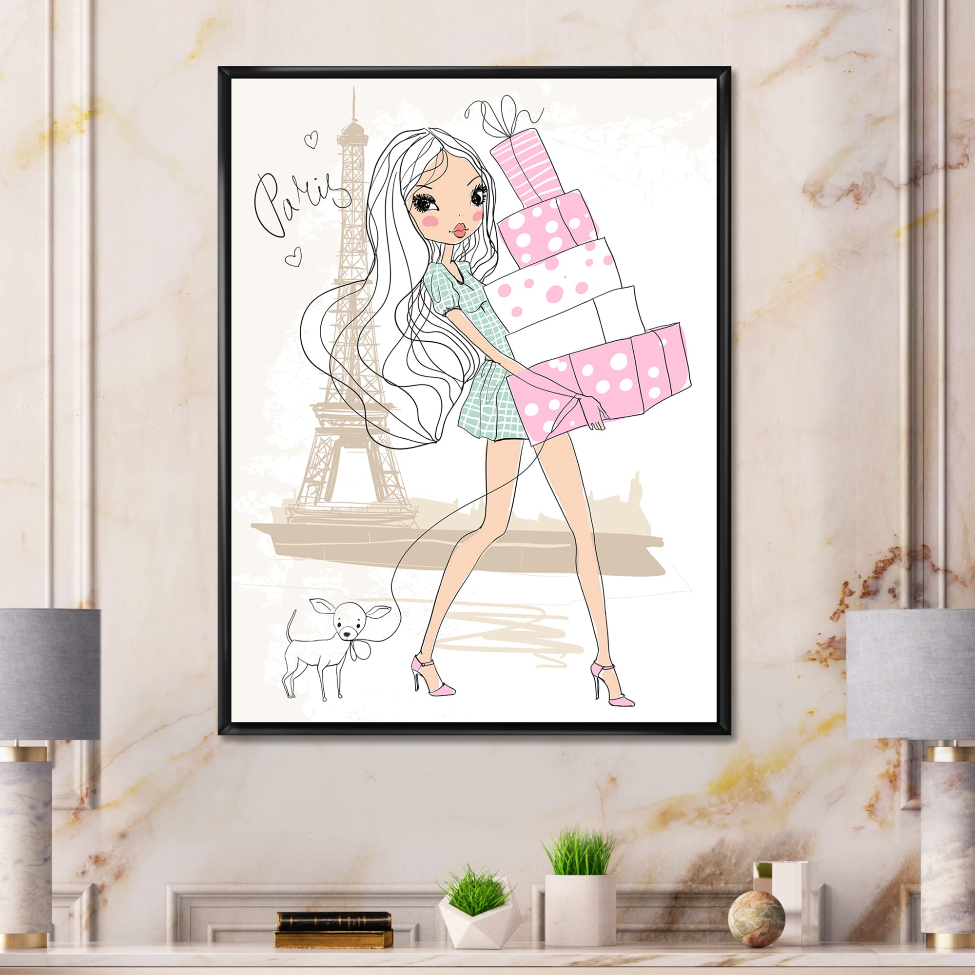 Shabby Chic Framed Canvas Wall Art Print - DesignQ Young Girl with Shopping Boxes in Paris - Perfect for Girls' Bedroom, Nursery, or Chic Home Decor