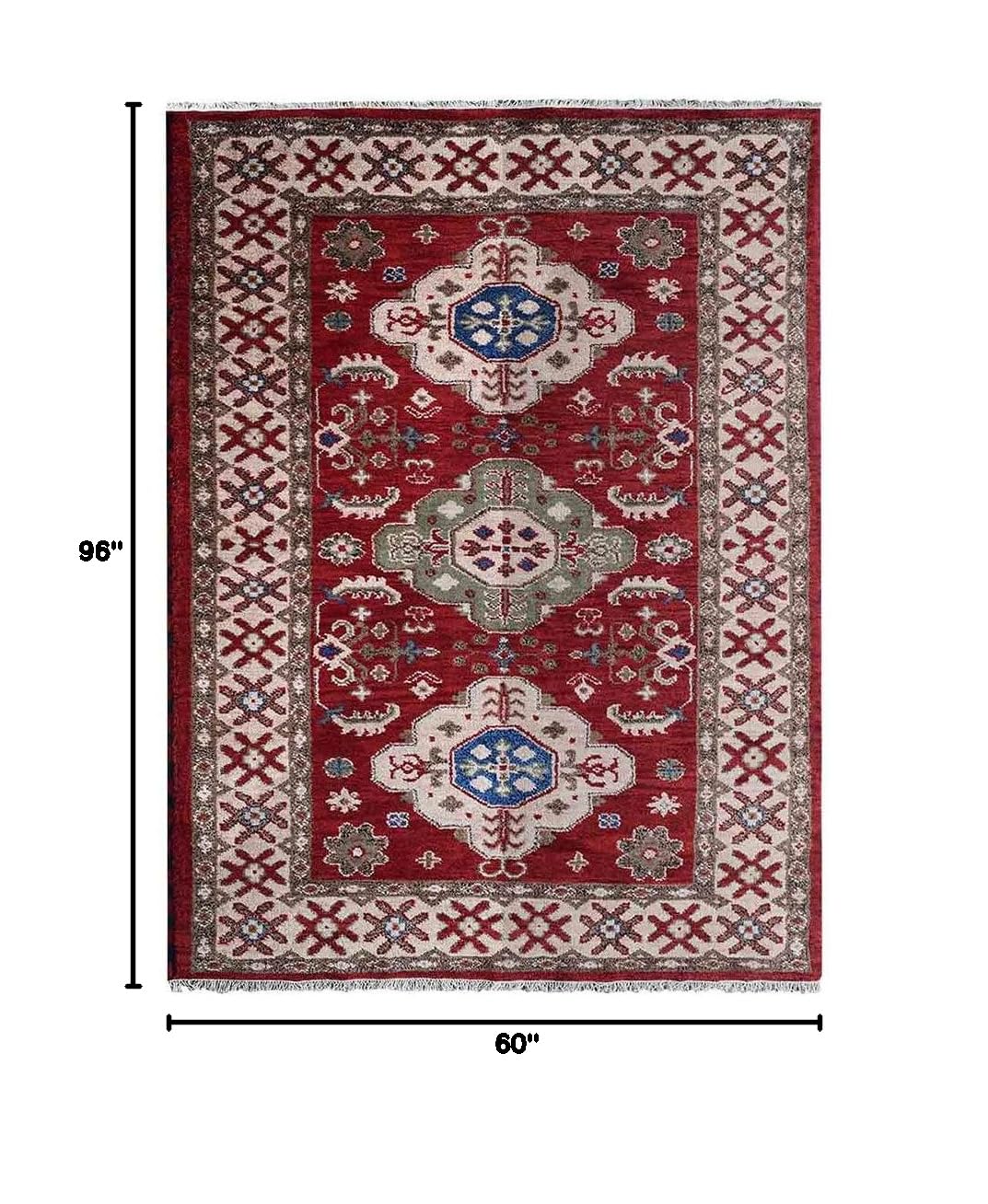Hand Knotted Wool & Silk Eco-Friendly Oriental Area Rug 5'x8' Rectangle - Red Cream Traditional Design, Medium Pile Handmade Rug (AF0116) for Living Room, Bedroom & Office Decor