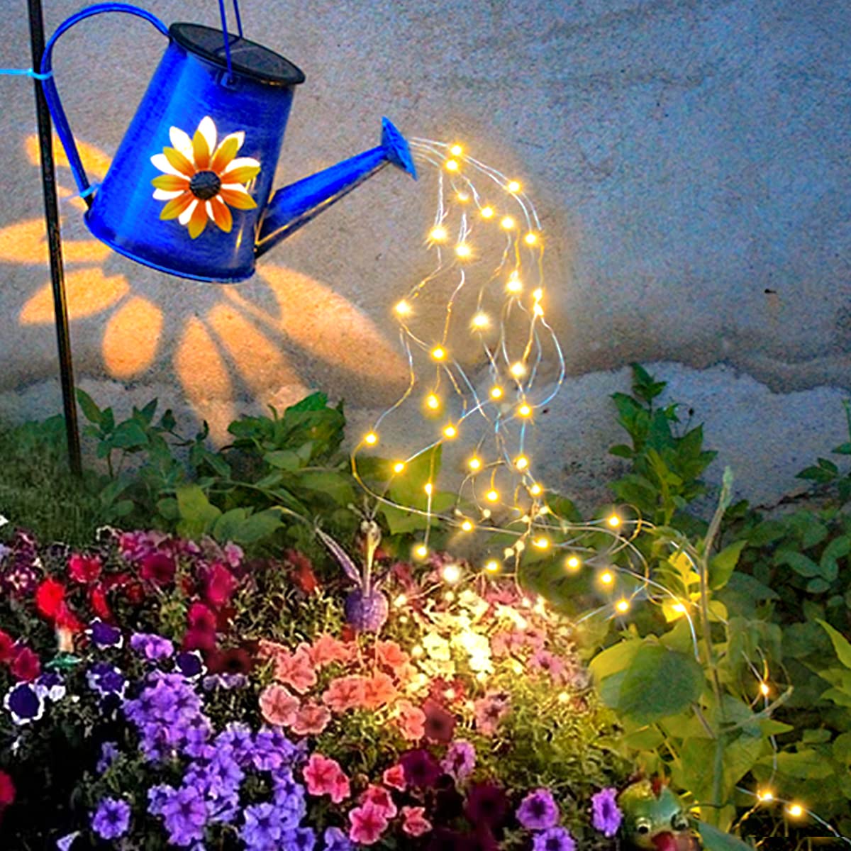 Solar Powered Blue Watering Can with LED Waterfall Lights - 60 LED Garden Decor for Yard, Path, Christmas Holiday Decoration - Includes Shepherd Hook - Perfect for Outdoor Patio, Lawn, and Seasonal Festive Lighting