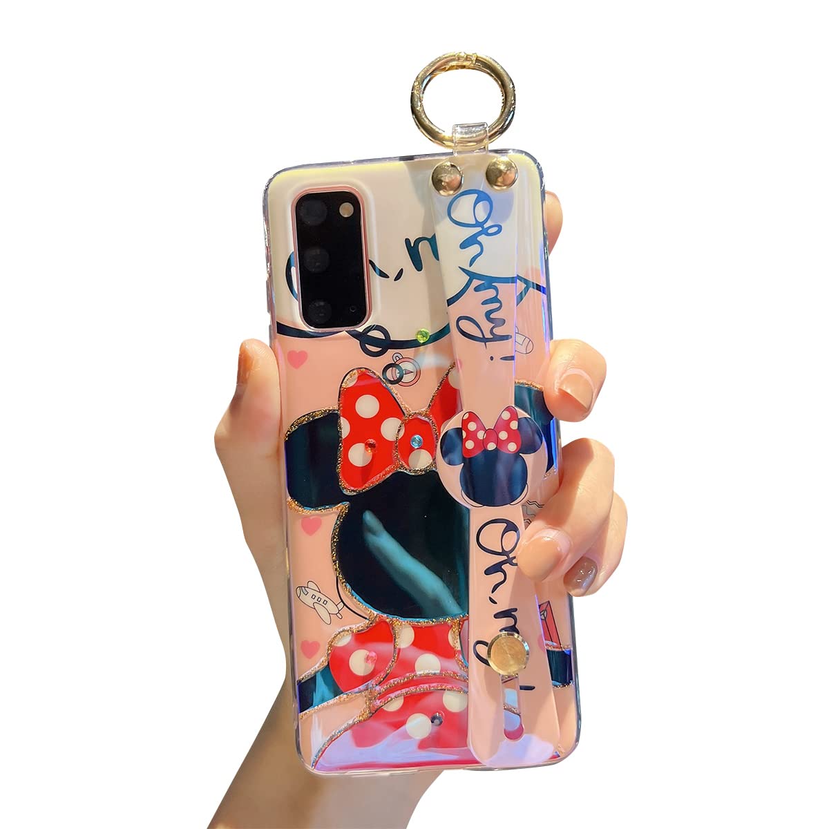 Samsung Galaxy S20 Case with Wrist Strap & Kickstand - Cute Glitter Bling Cartoon IMD Soft TPU Shockproof Protective Phone Cover for Women & Girls (Minnie Design) - Perfect for Everyday Use, Work, and Travel