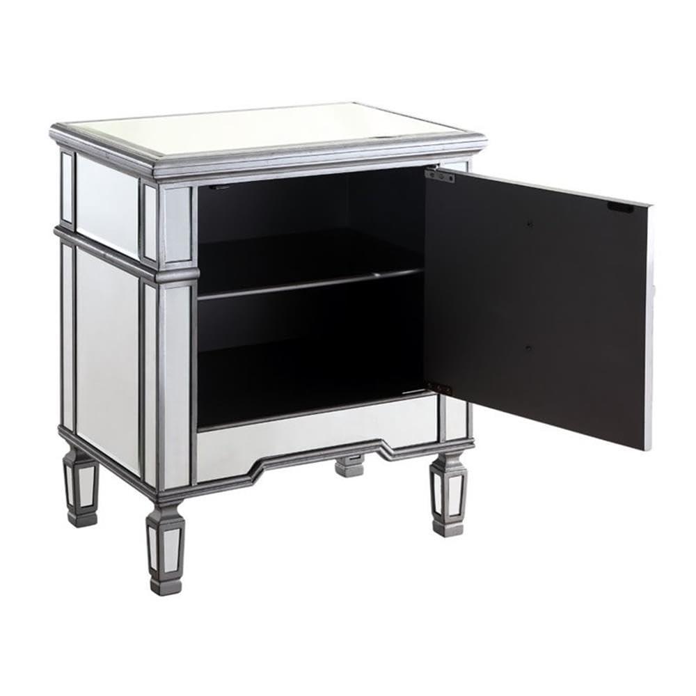 Beaumont Lane Silver Mirrored Nightstand with 1 Drawer & 1 Door - Elegant Bedside Cabinet for Bedroom Storage & Decor