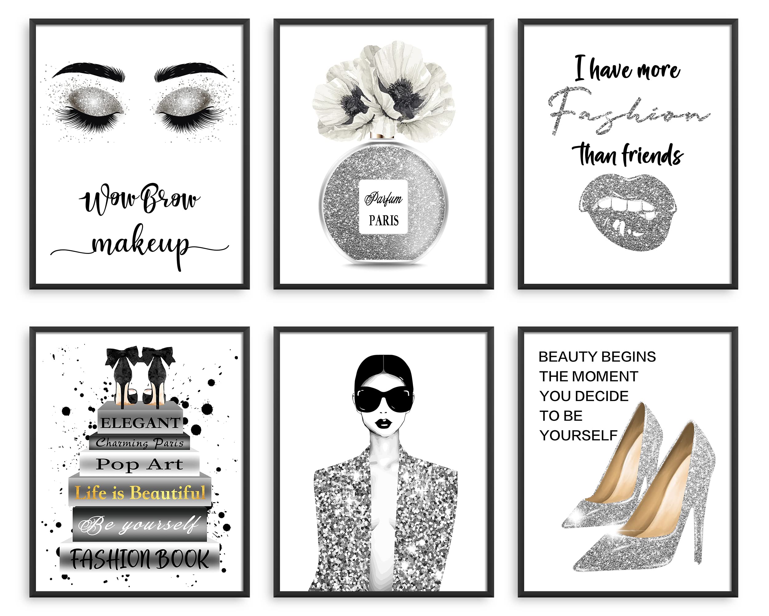 Glam Gray Fashion Wall Art Set of 6 - Modern Women's Room Decor with Silver & Golden Fashion Lady, Perfume, Flowers, Books & High Heels Prints (8x10 inch Unframed Posters, Black/Gold/Silver) - Perfect for Bedroom, Girls Room & Fashion Lover's Home Decor