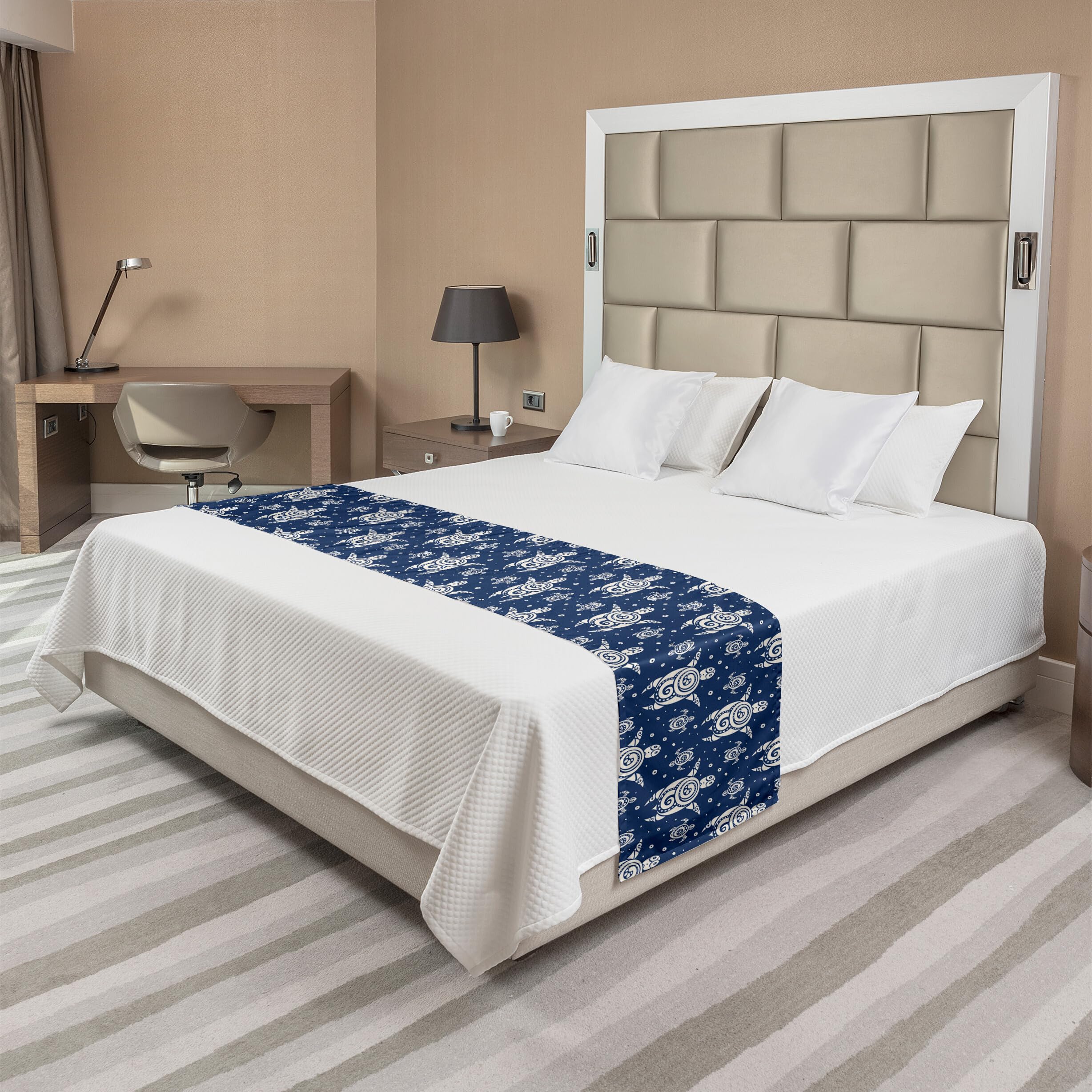 Ambesonne Turtle Bed Runner - Abstract Caretta Caretta & Tiny Bubbles Design - Decorative Bed Scarf for Queen/King Beds - Night Blue & Ivory - Perfect for Hotels, Homes & Guestroom Decor