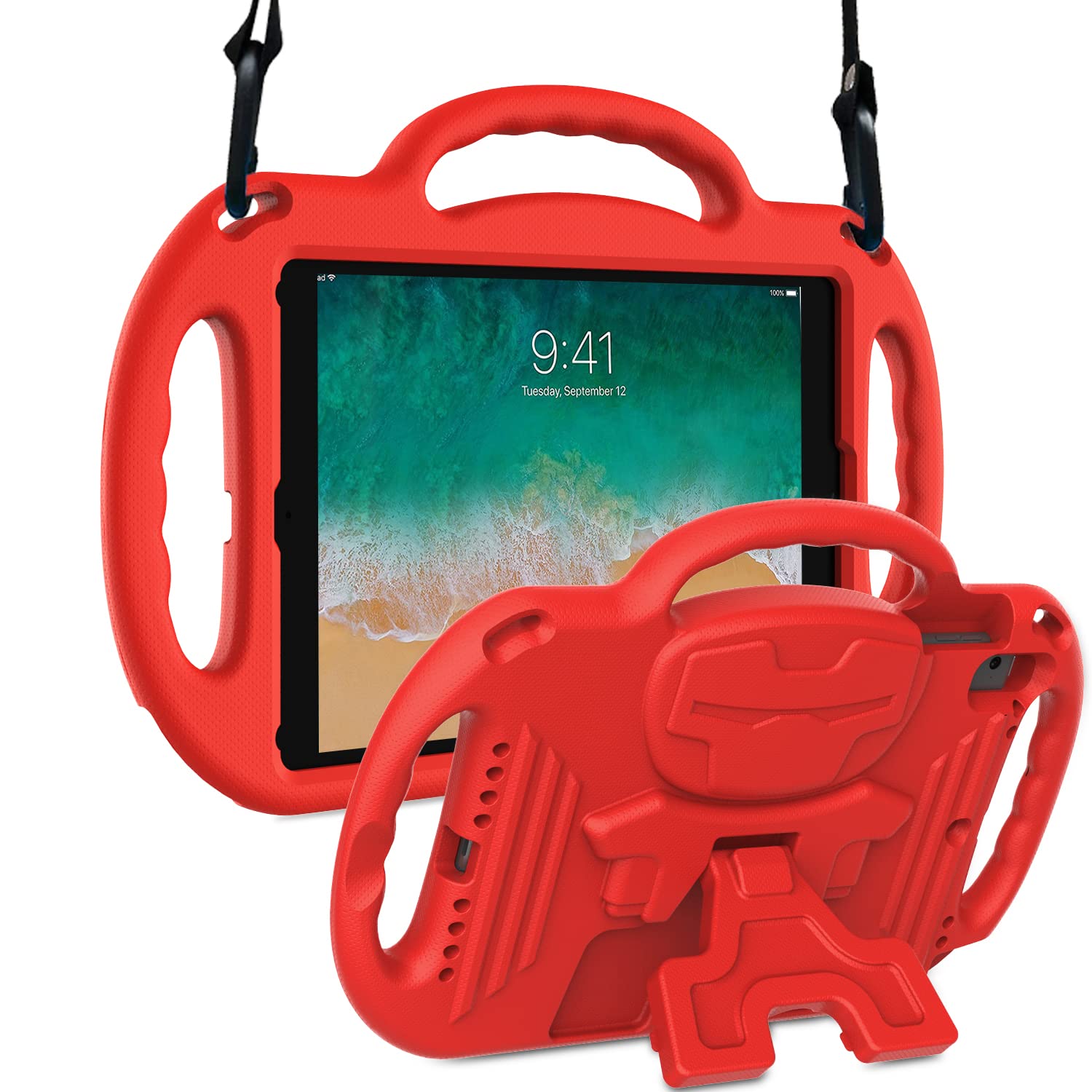 SUPNICE Shockproof Kids iPad Case with Shoulder Strap & Handle - Compatible with iPad 6th/5th Gen (2018/2017), iPad Air 2/1/Pro, 9.7 Inch - Lightweight Protective Cover for School, Travel & Outdoor Play - Red