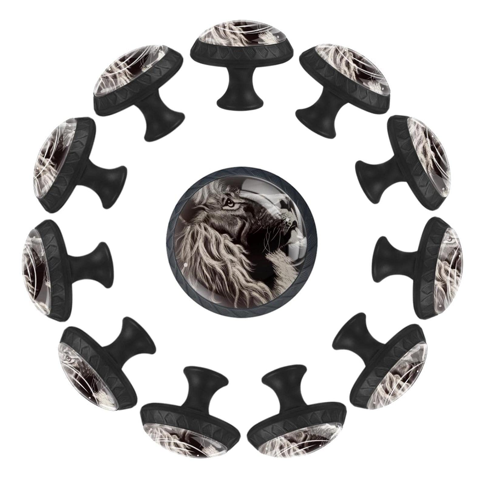12 Pcs 35MM Crystal Glass Cabinet Knobs - Lion Head Black & White Etching Drawer Pulls with Screws for Dresser, Wardrobe & Office Furniture | Elegant Home Decor & DIY Upgrade