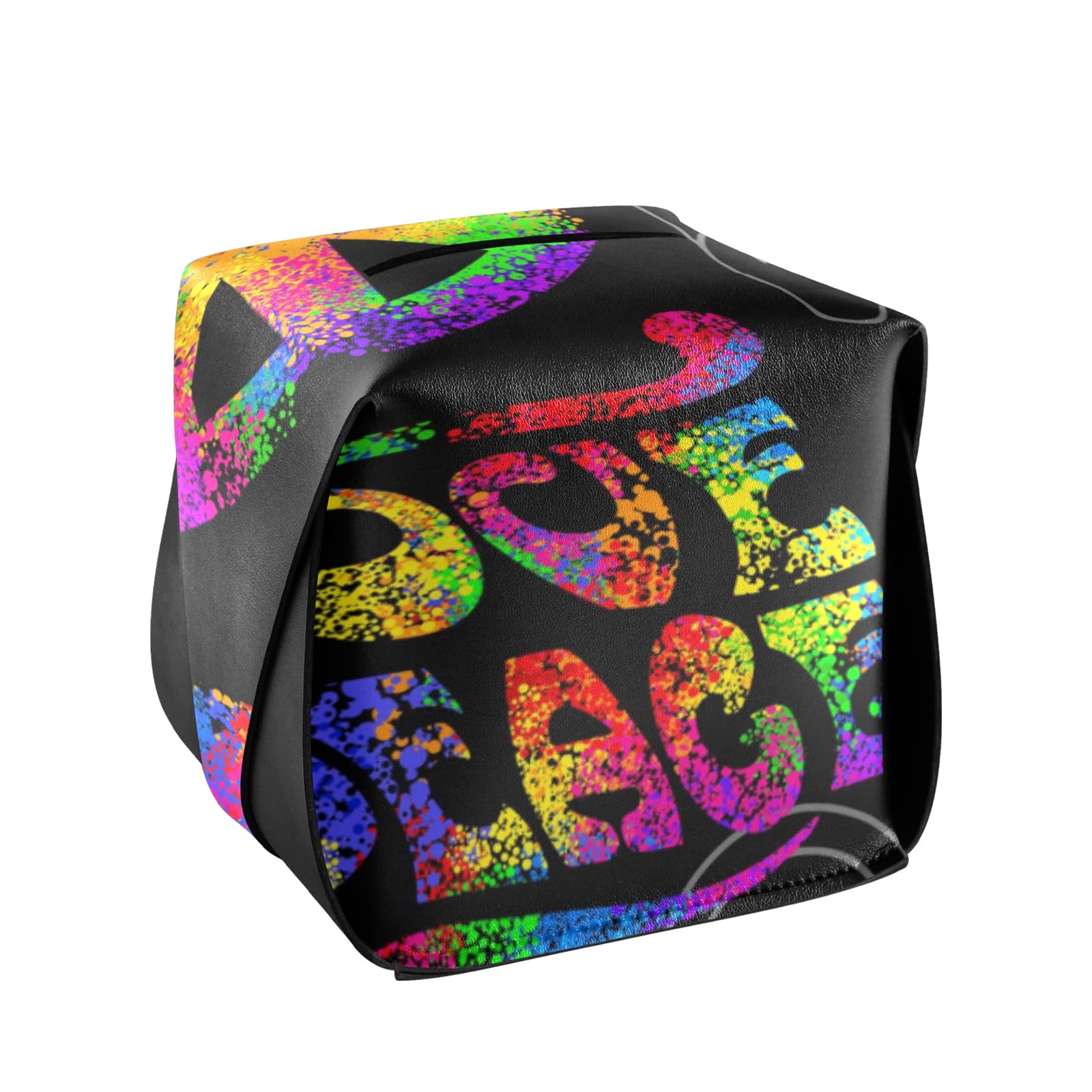 Vintage 1960s 70s Hippie Style Iridescent Leather Tissue Box Cover with Handle - Peace & Love Cannabis Design, 5.7x5.7x5.7 Inch - Perfect for Bathroom, Home, Nightstand, Vanity, Office Desk & Car Decor
