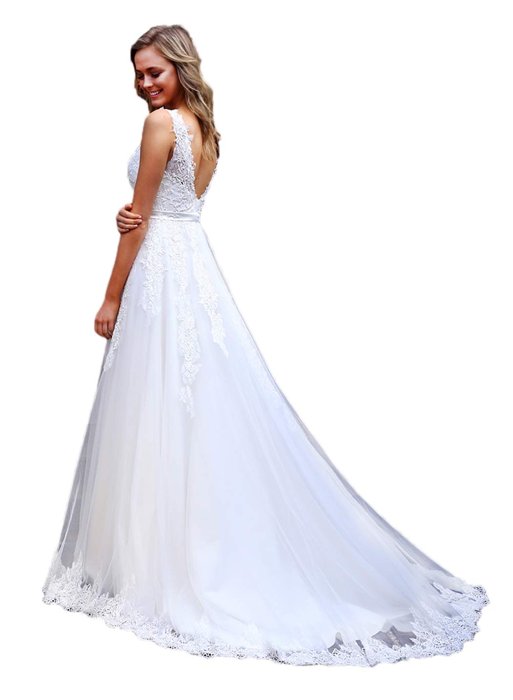 Awishwill Women's Backless Double V Neck Lace Appliques Tulle A-Line Wedding Dress | Elegant Bridal Gown for Church Ceremony, Beach Wedding & Formal Reception