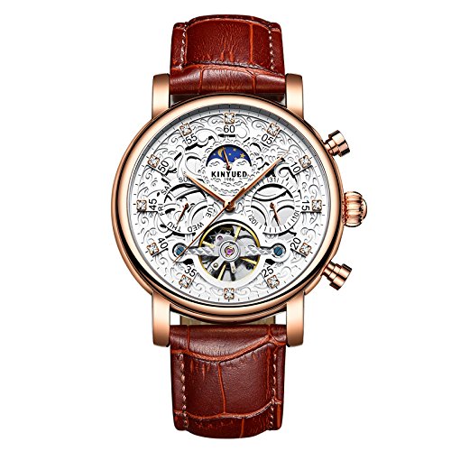 Men's Tourbillon Automatic Watch - Rose White Leather Strap for Business & Casual Wear