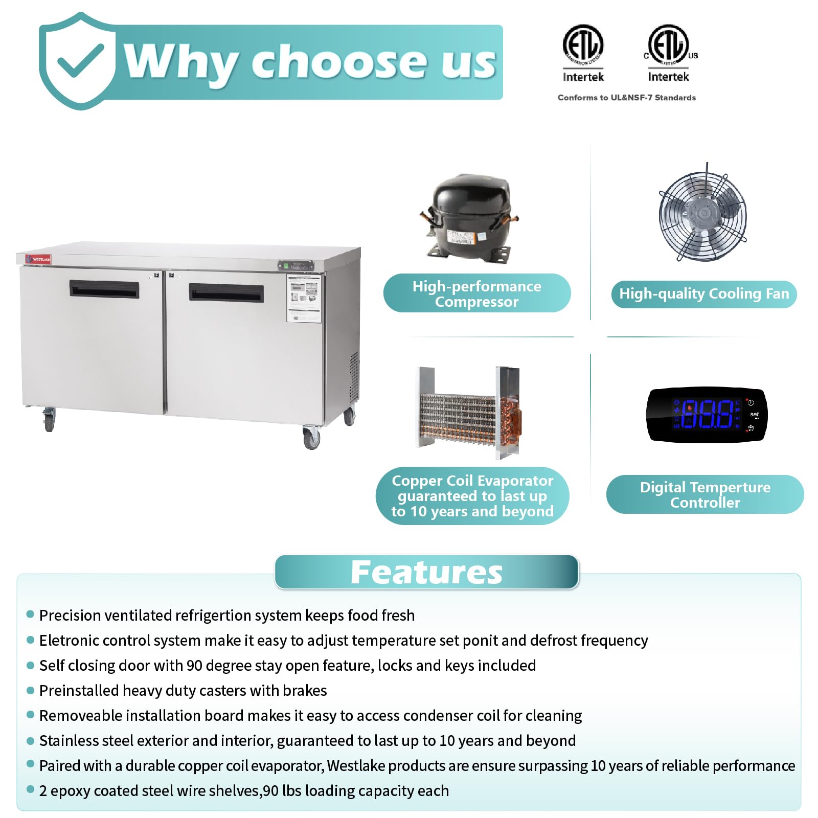 WESTLAKE 60-Inch Commercial Undercounter Freezer - 14.8 Cu.Ft Stainless Steel Worktop Freezer with Fan Cooling System | Perfect for Restaurants, Bars, and Food Prep Stations | Ideal for Commercial Kitchens, Catering Services, and High-Volume Food Storage