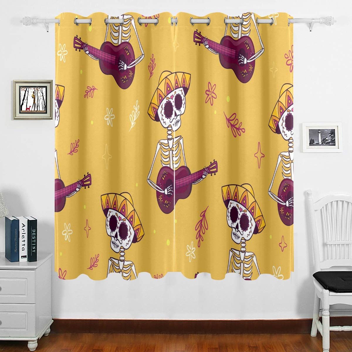 DOMIKING Blackout Curtain Panels for Halloween - Skull Guitar Thermal Insulated Grommet Drapes, 63x55 Inch, Noise Reducing & Energy Saving Window Treatment for Bedroom, Living Room, Home Theater