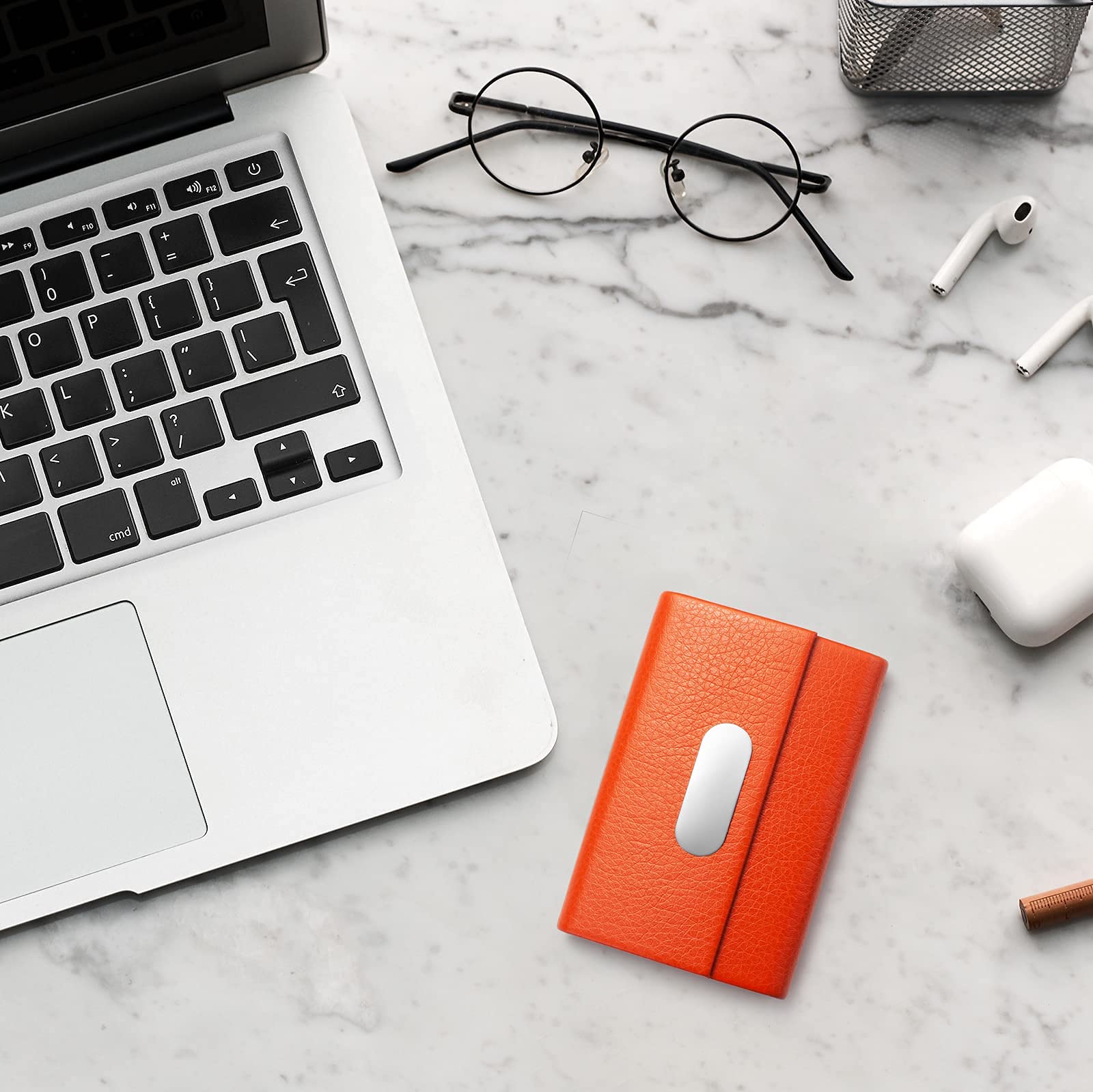 Elegant PU Leather & Stainless Steel Business Card Holder for Women - Magnetic Closure Wallet for Credit Cards & Name Cards (Orange) | Perfect for Office Professionals, Networking Events & Business Meetings
